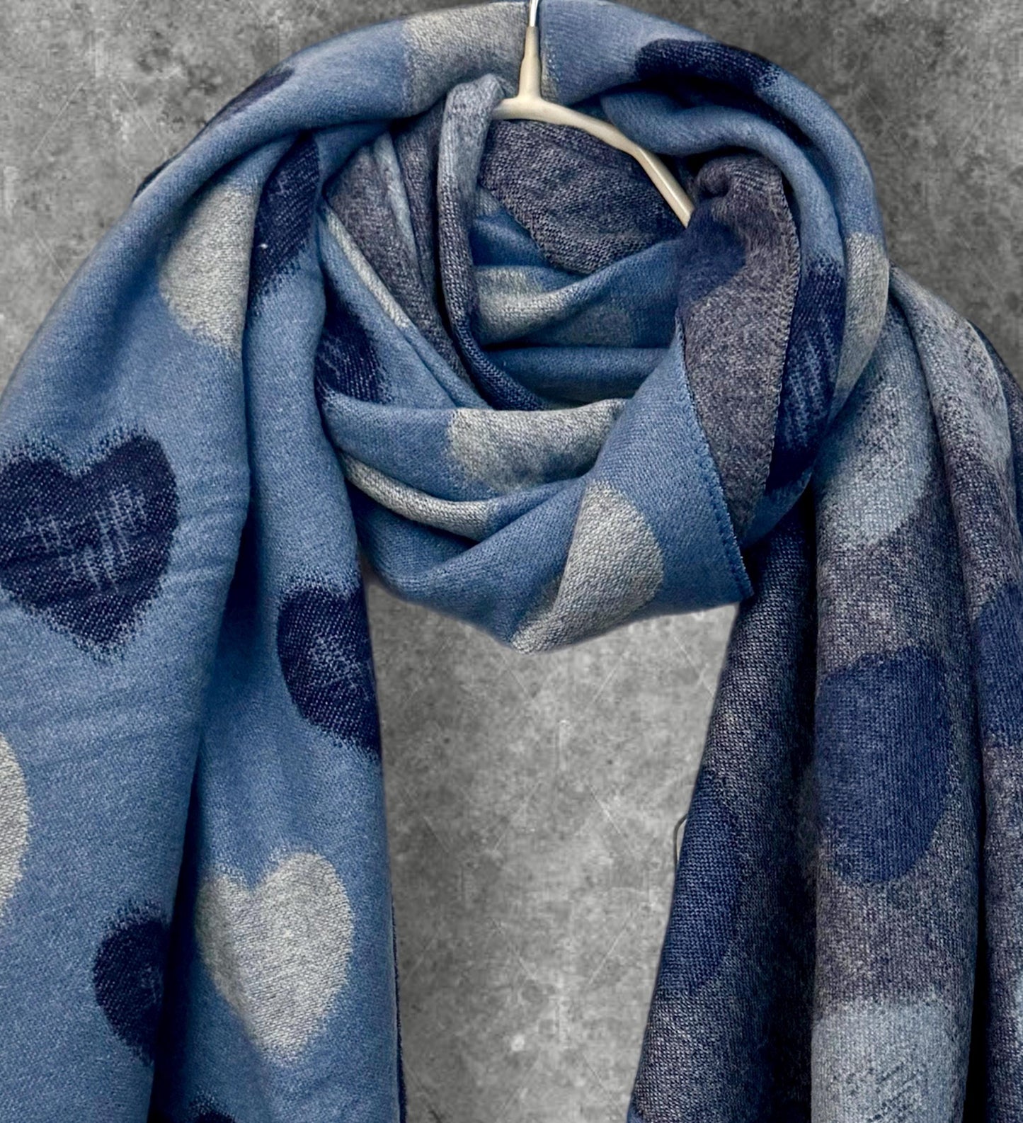 Reversible Navy Blue and Grey Cashmere Scarf with Love Heart Print,Perfect Winter Accessory and Gift for Her Birthday or Christmas