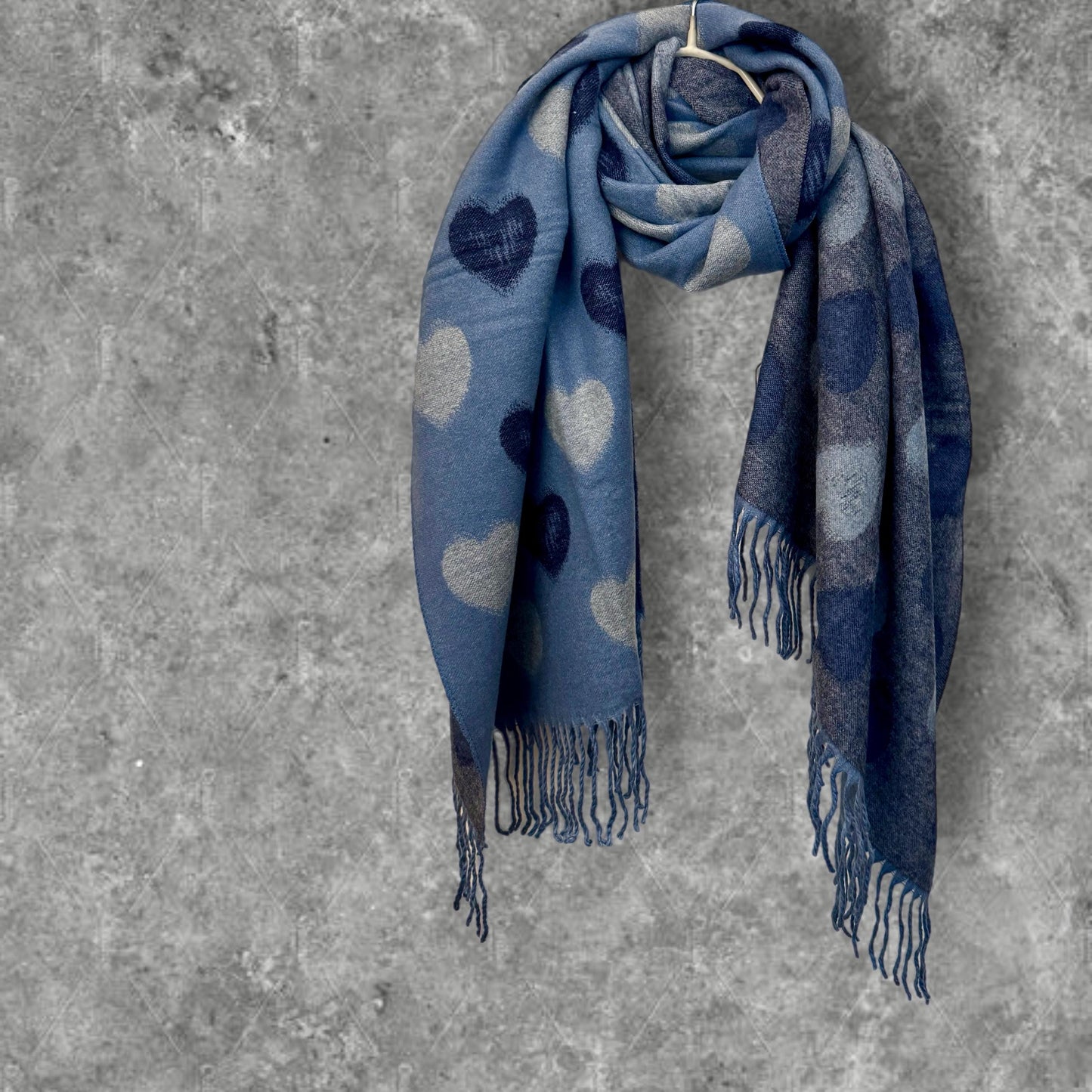 Reversible Navy Blue and Grey Cashmere Scarf with Love Heart Print,Perfect Winter Accessory and Gift for Her Birthday or Christmas