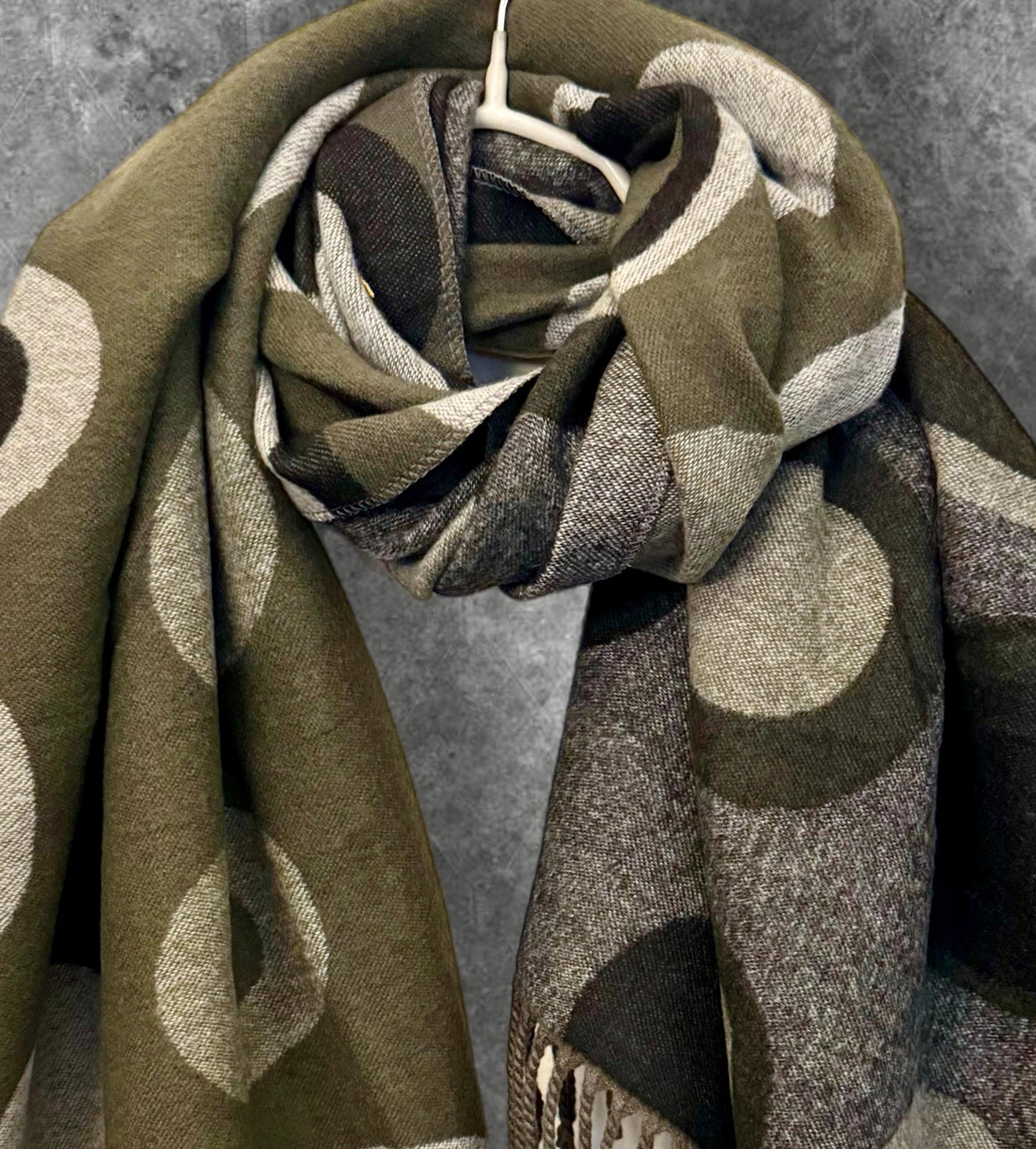 Double-Sided Olive Green and Grey Cashmere Scarf with Circle Print,Ideal Winter Gift for Her,Mom,Birthdays, and Christmas.