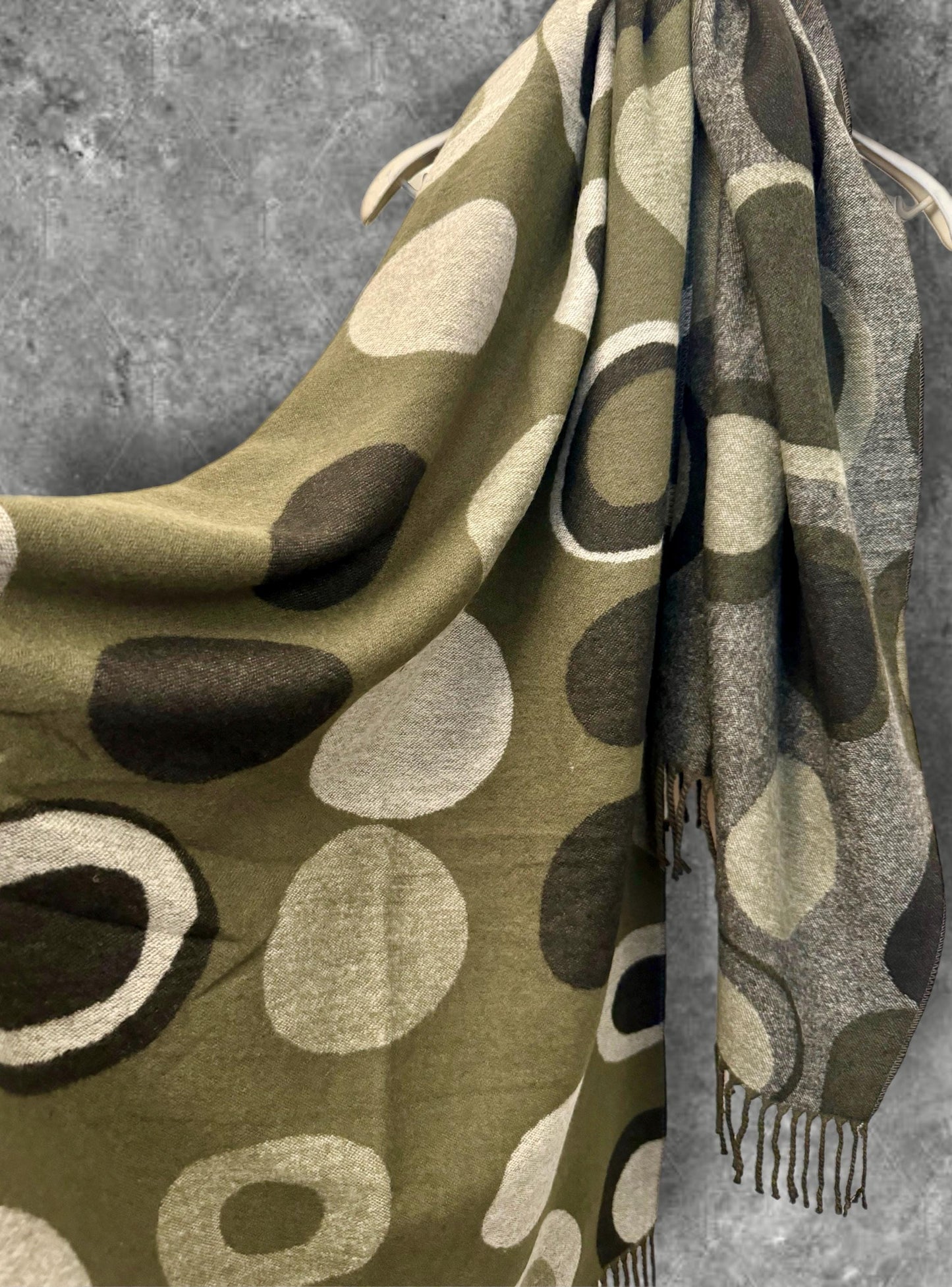 Double-Sided Olive Green and Grey Cashmere Scarf with Circle Print,Ideal Winter Gift for Her,Mom,Birthdays, and Christmas.