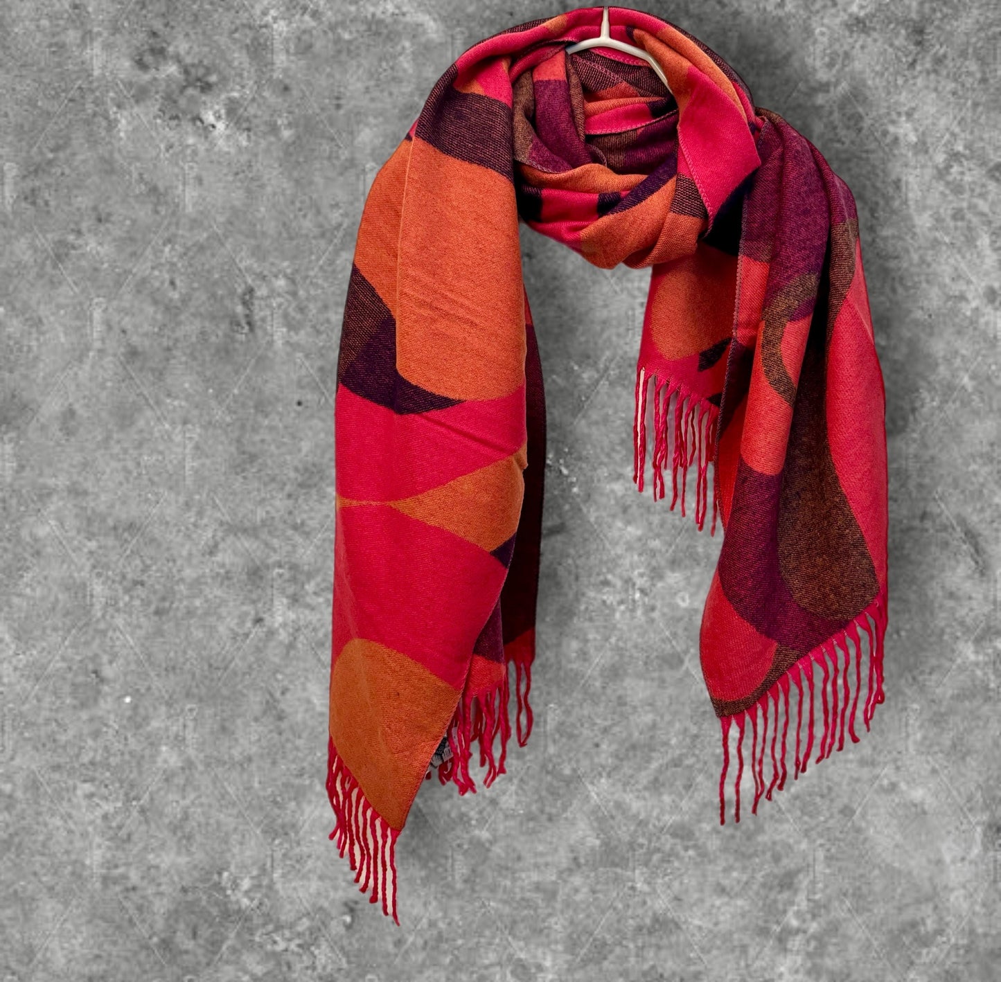 Beutifully Crafted Red/Pink Geometric Cashmere Scarf,Cozy Winter Accessory,Ideal Gifts for Her Birthday or Christmas