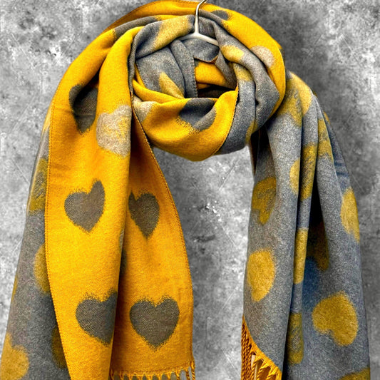 Double-Sided Mustard Yellow and Grey Cashmere Scarf with Love Heart Pattern,Perfect Winter Accessory and Gift for Her Birthday or Christmas