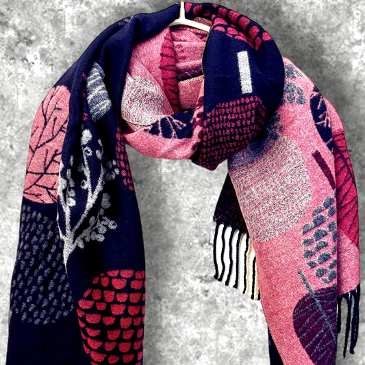 Double-Sided Blue and Pink Cashmere Scarf with Tree Design,Perfect for Winter and Special Occasions like Birthday,Mother’s Day or Christmas