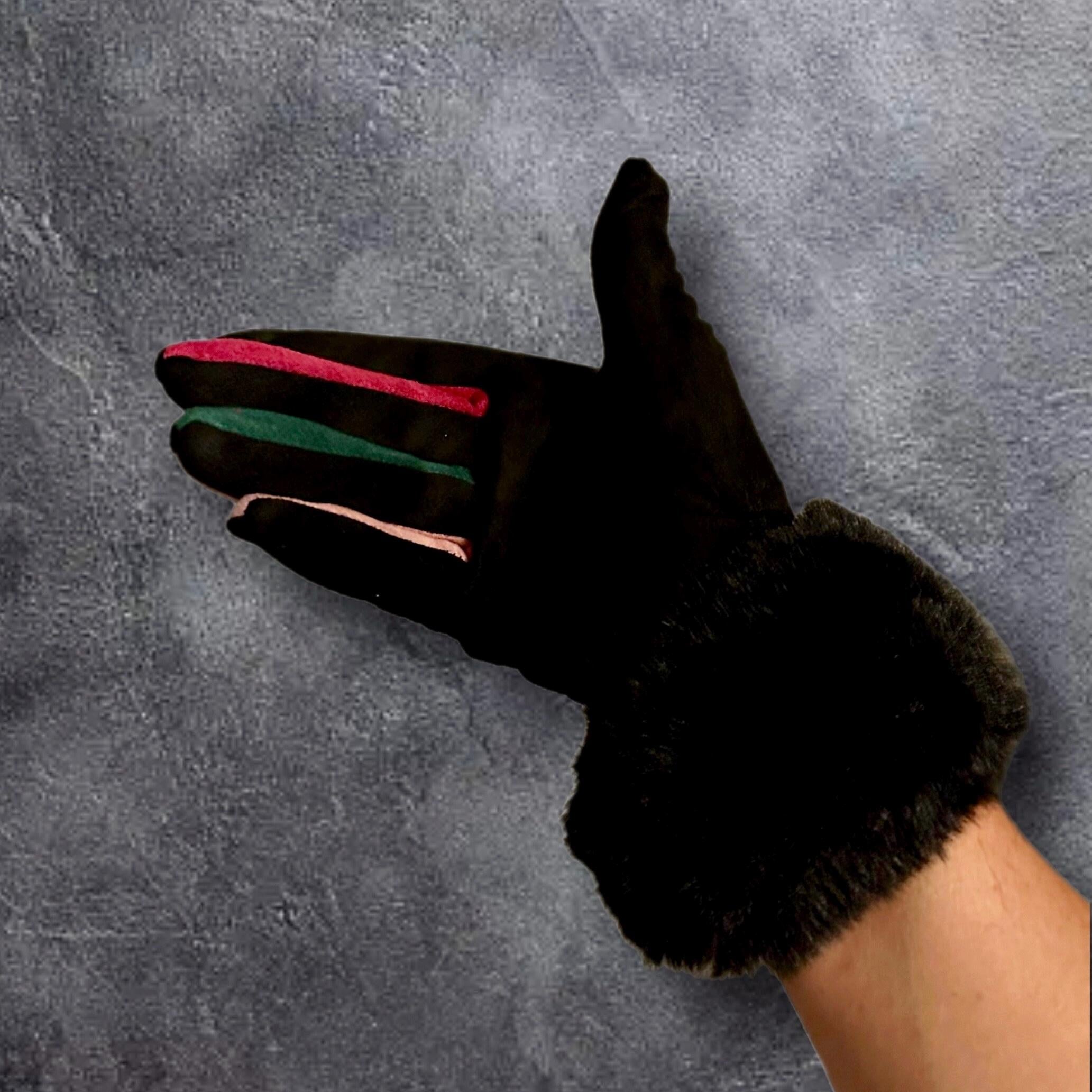 Black Faux Suede Gloves with Faux Fur,Winter Gloves,Stretch Suede Fabric Women Gloves,Great Gifts for Mom,Her,Birthday and Christmas