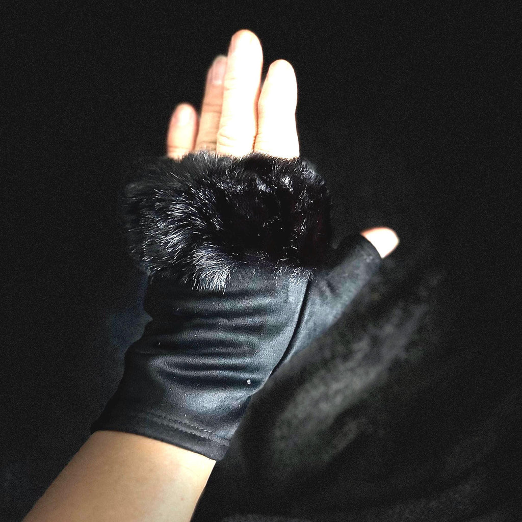 Black Faux Suede Fingerless Gloves with Faux Fur details,Winter Gloves,Women Gloves,Great Gifts for Mom,Her,Birthday and Christmas