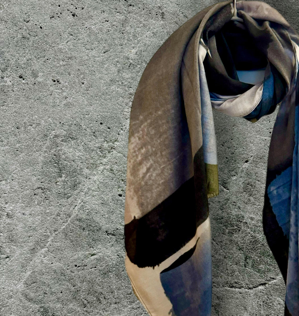 Elegant Blue-Grey Watercolor Brushstroke Scarf,Year-Round Accessory,Ideal Gift for Her,Birthday,Mother or Christmas