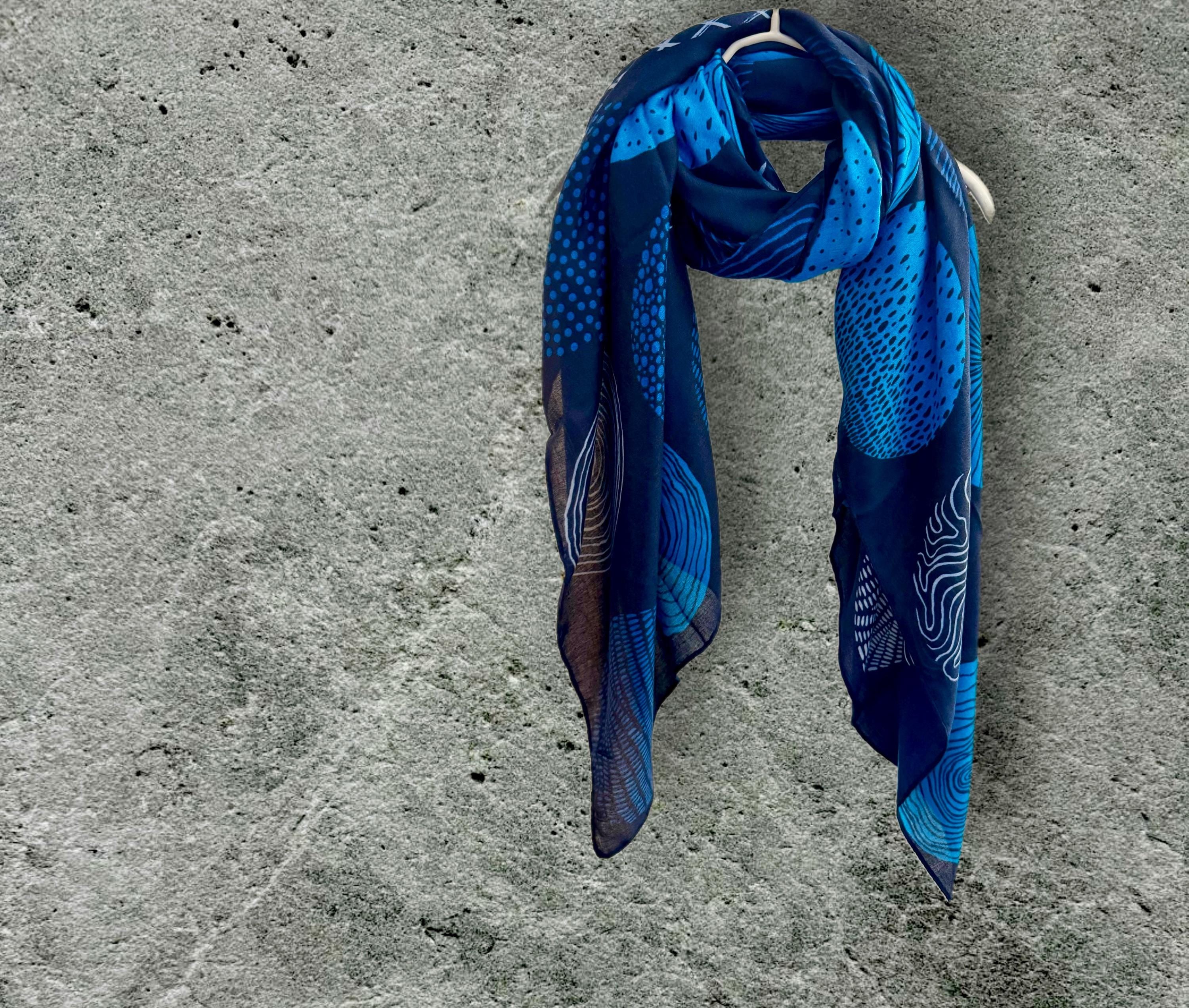Blue Scarf Featuring Abstract Circular Designs in Various Shade of Blue