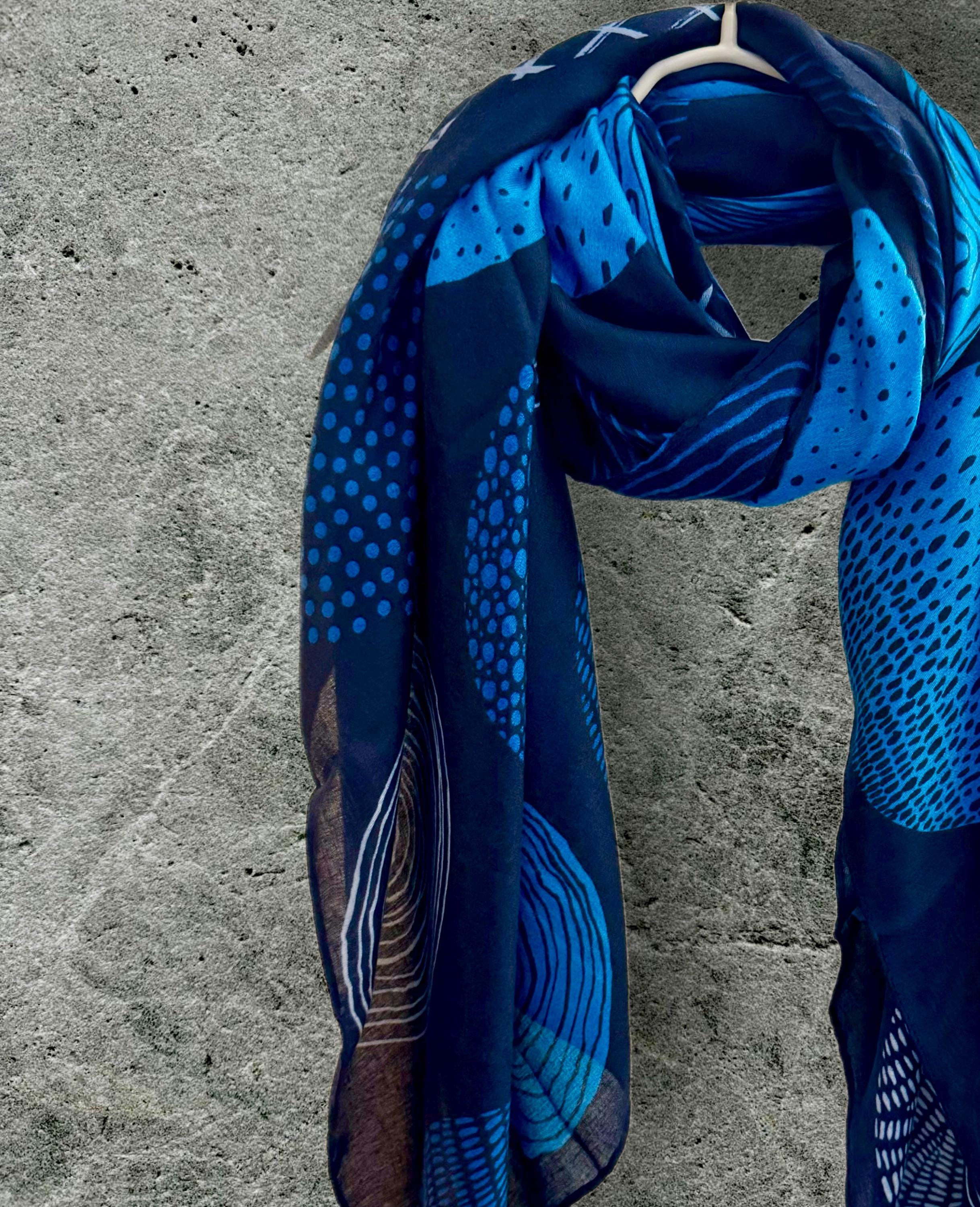 Blue Scarf Featuring Abstract Circular Designs in Various Shade of Blue