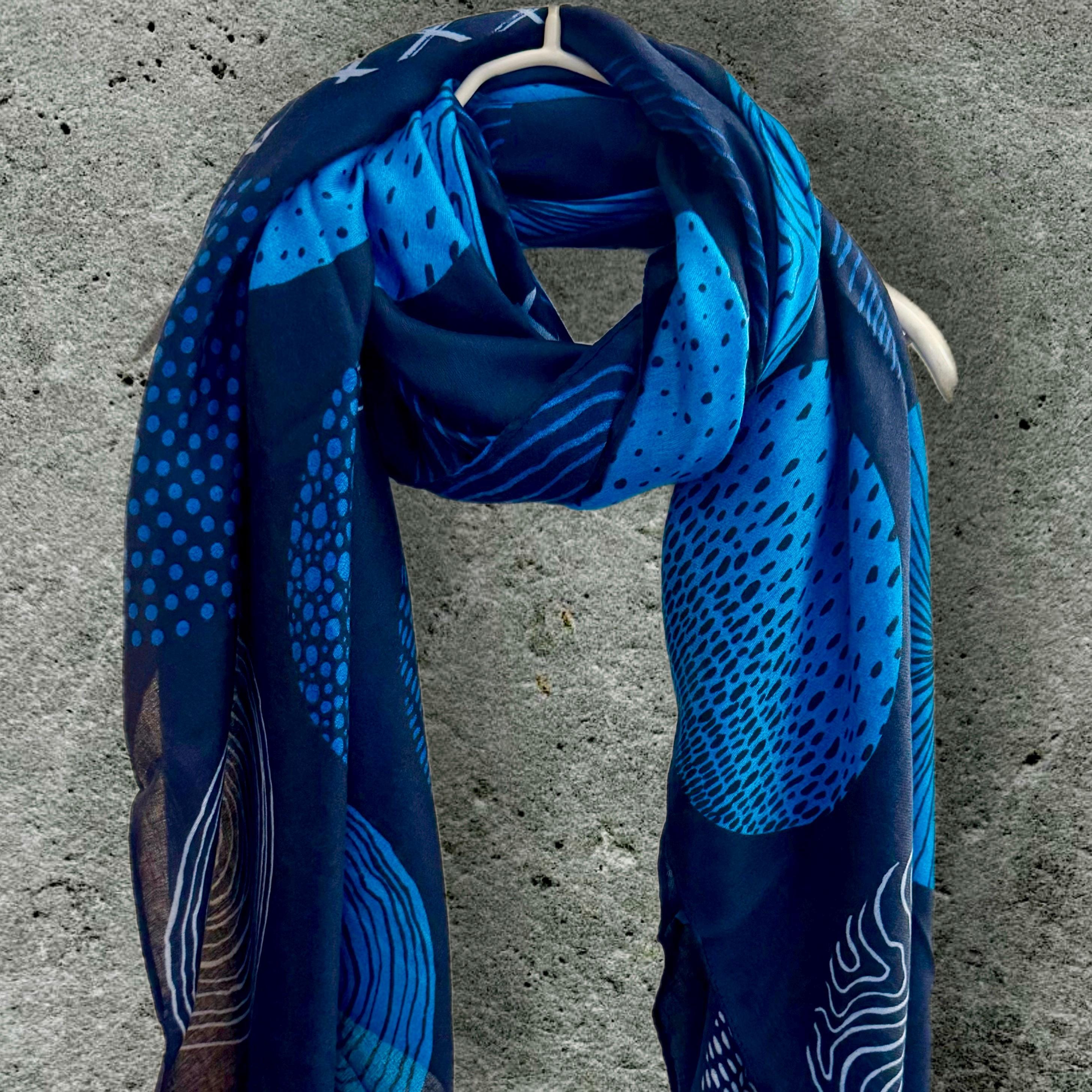 Blue Scarf Featuring Abstract Circular Designs in Various Shade of Blue
