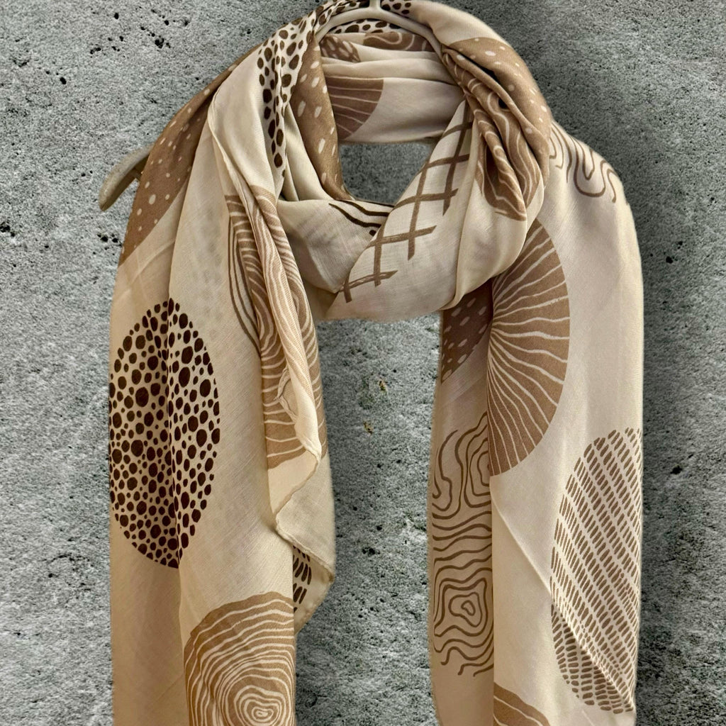 Cotton Scarf for Women in Beige Featuring Abstract Circular Pattern