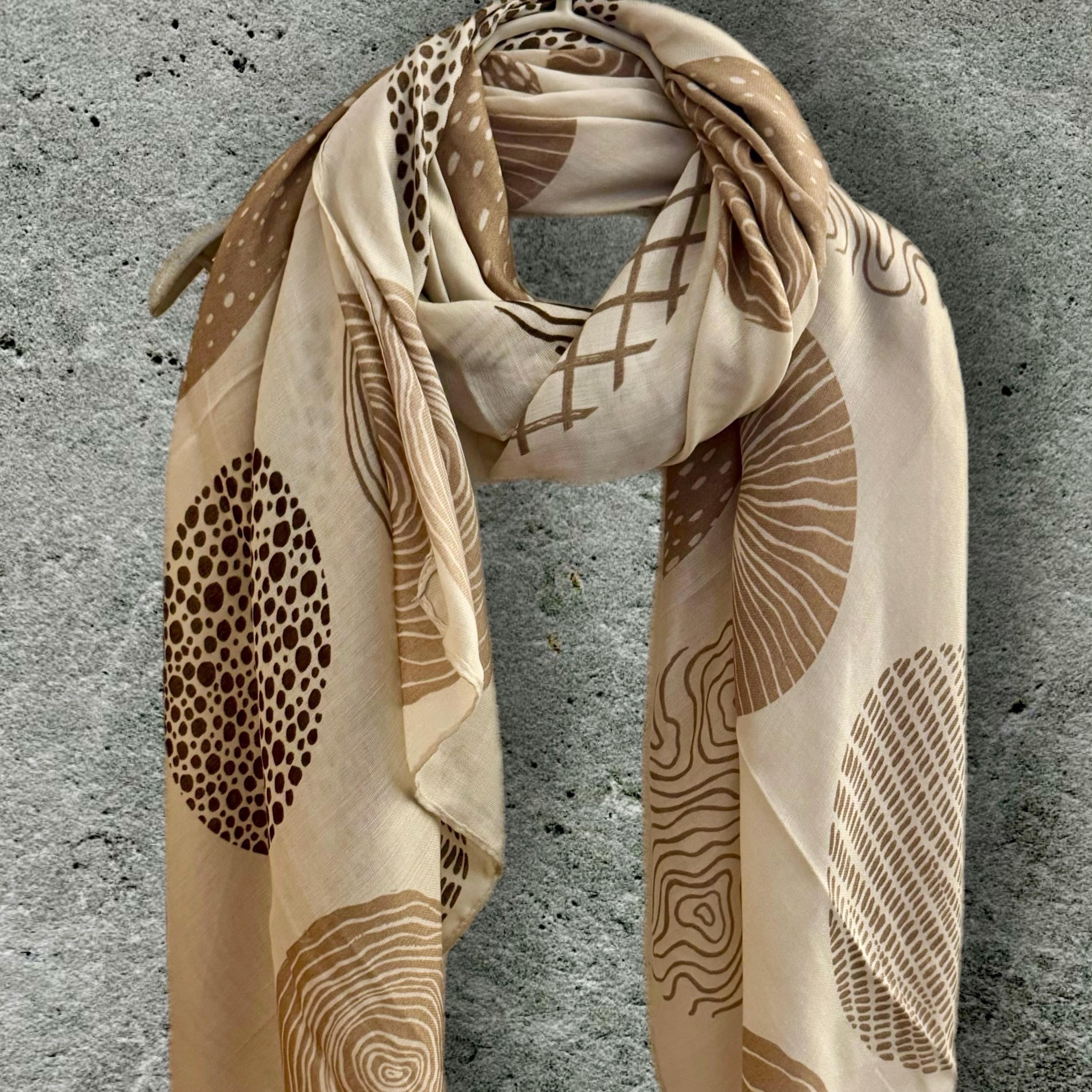 Cotton Scarf for Women in Beige Featuring Abstract Circular Pattern