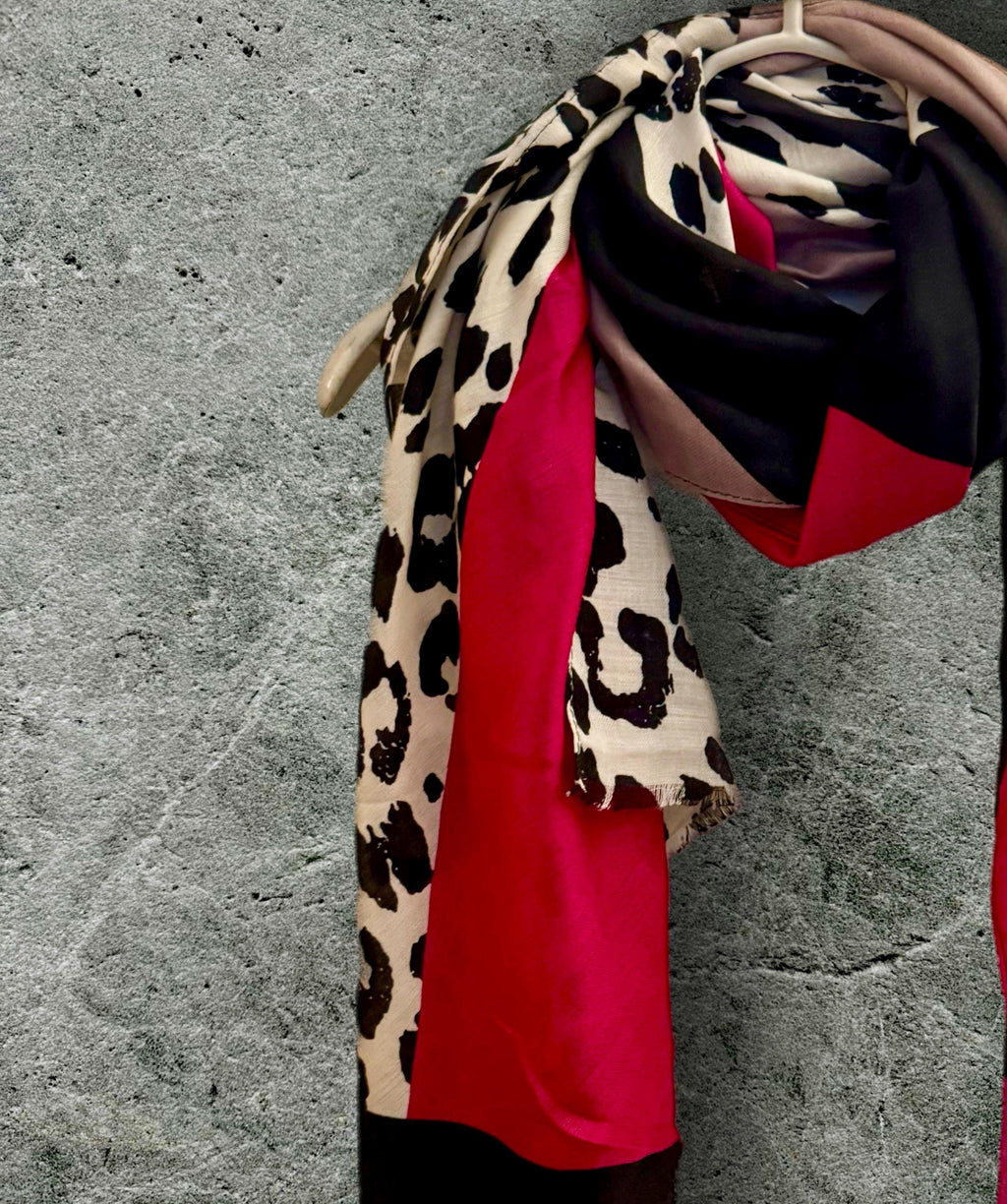 Leopard Print and Color-Block Scarf in Fuchsia Pink,Black and Beige,All season Accessory,Great Gifts for Her,Birthday,Mom or Christmas
