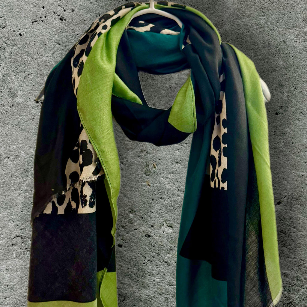 Color Block and Leopard Pattern in Green,Black and Beige Cotton Scarf,Perfect for All Season,Great Gift for Her,Mother,Birthday or Christmas