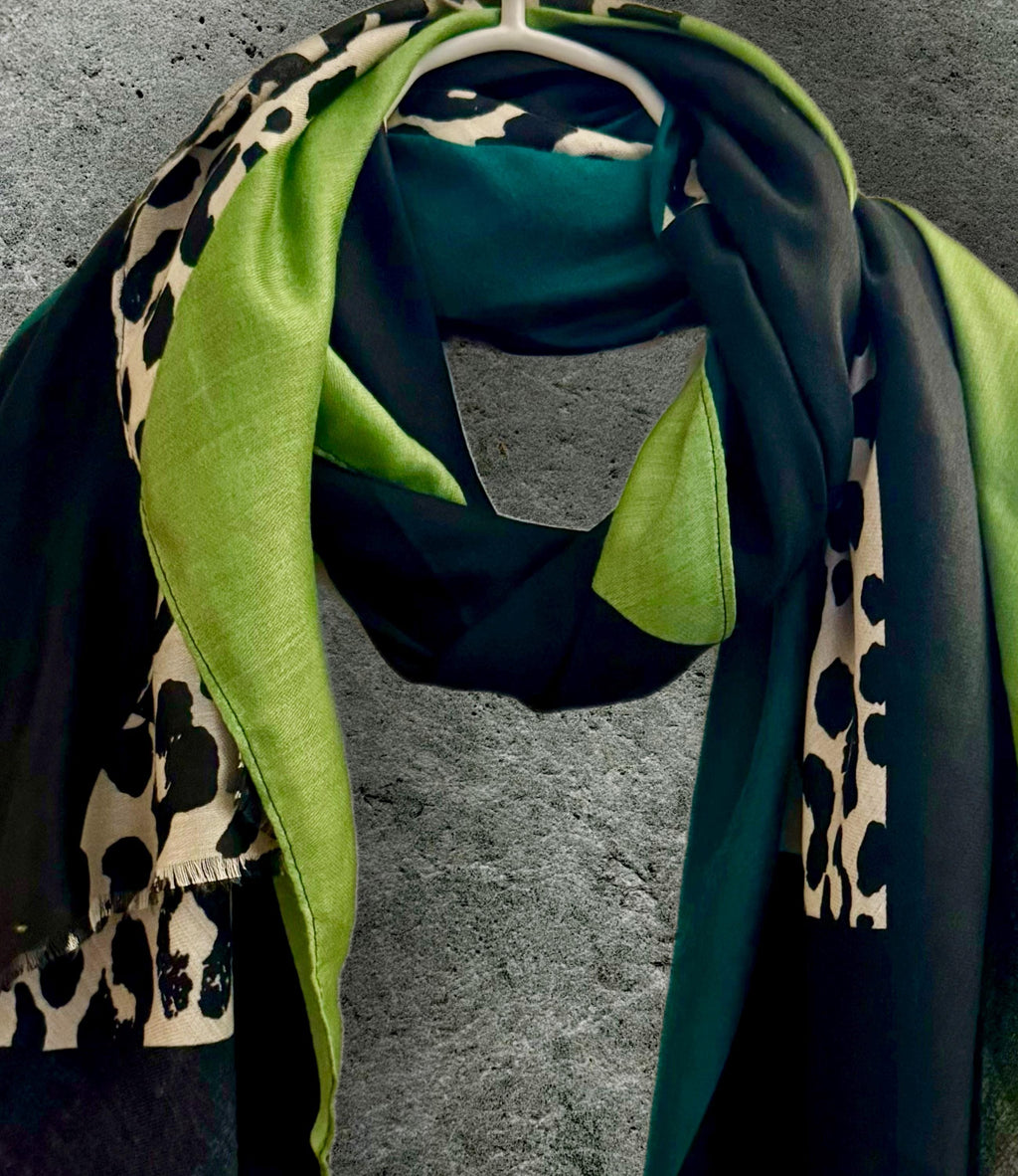 Color Block and Leopard Pattern in Green,Black and Beige Cotton Scarf,Perfect for All Season,Great Gift for Her,Mother,Birthday or Christmas