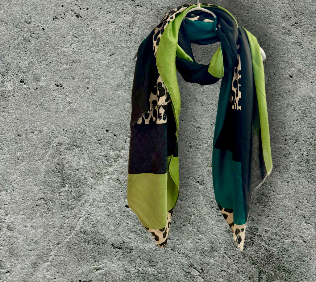 Color Block and Leopard Pattern in Green,Black and Beige Cotton Scarf,Perfect for All Season,Great Gift for Her,Mother,Birthday or Christmas