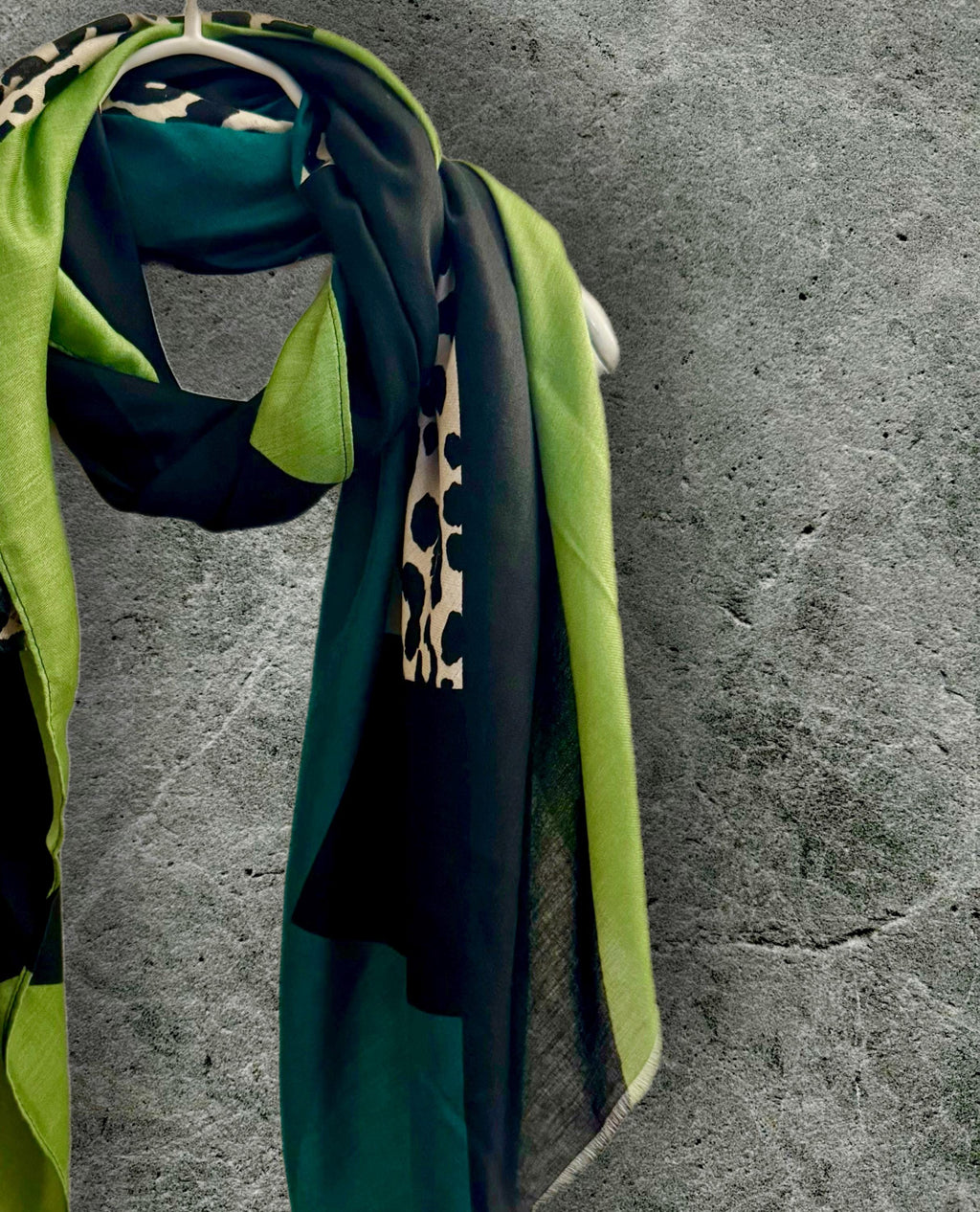 Color Block and Leopard Pattern in Green,Black and Beige Cotton Scarf,Perfect for All Season,Great Gift for Her,Mother,Birthday or Christmas