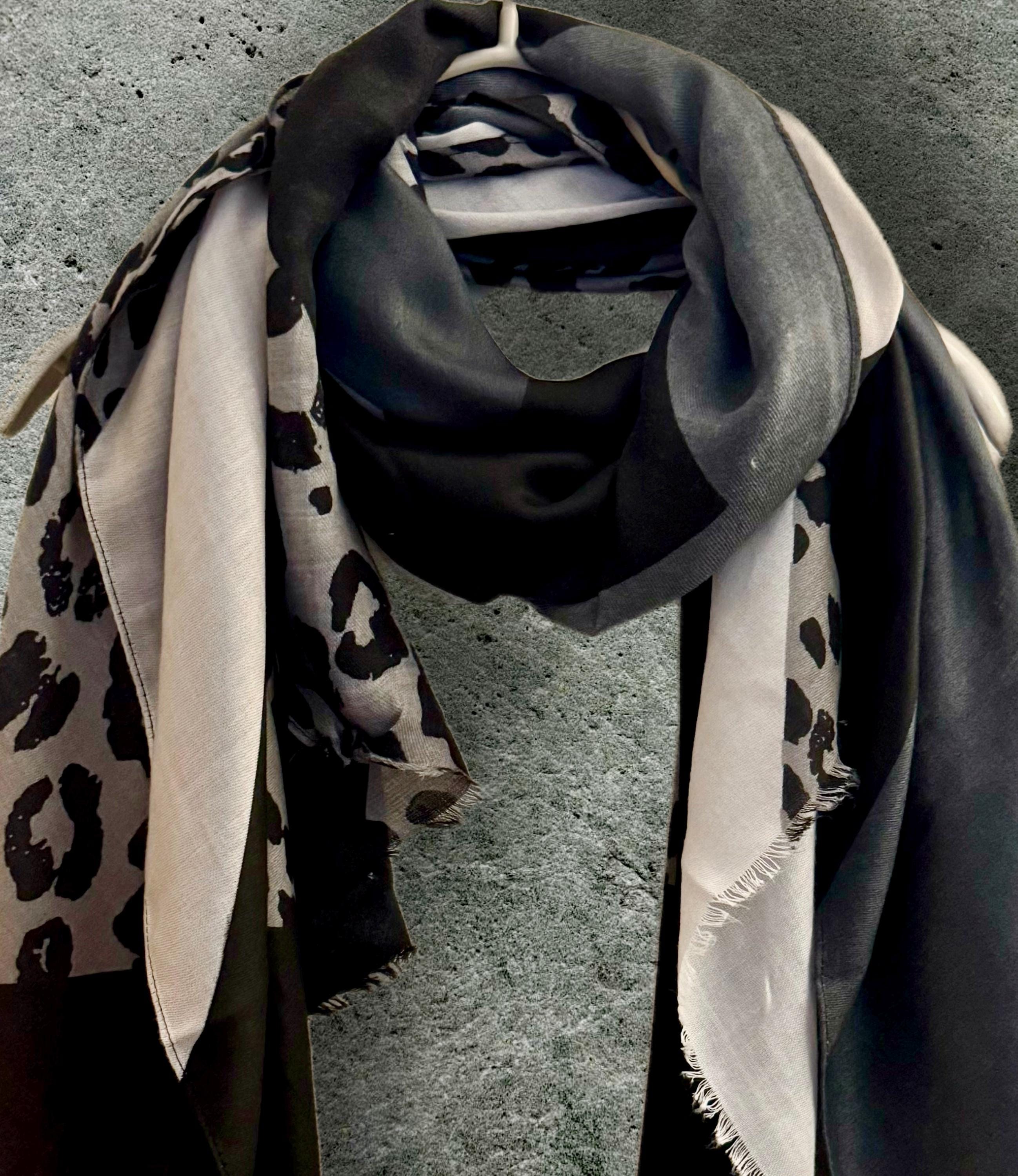 Block Pattern Scarf Featuring Leopard Pattern in Grey and Black,for All Season,Perfect Gifts for Her Birthday,Mom or Christmas