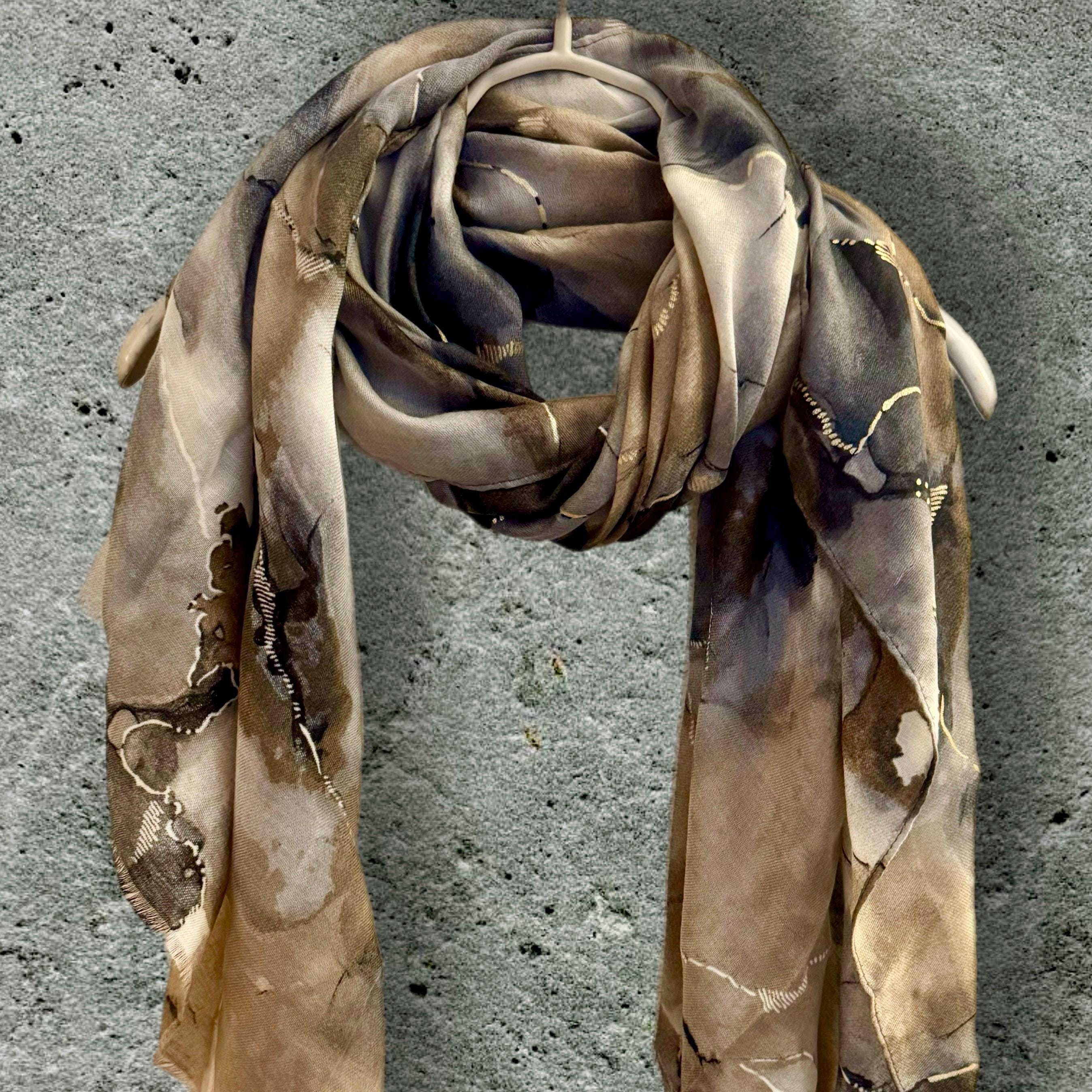 Flowing Light Brown Scarf Adorned Watercolor Pattern with Gold Accents,for All Season,A Thoughtful Gifts for Birthday,Mom,Wife or Christmas