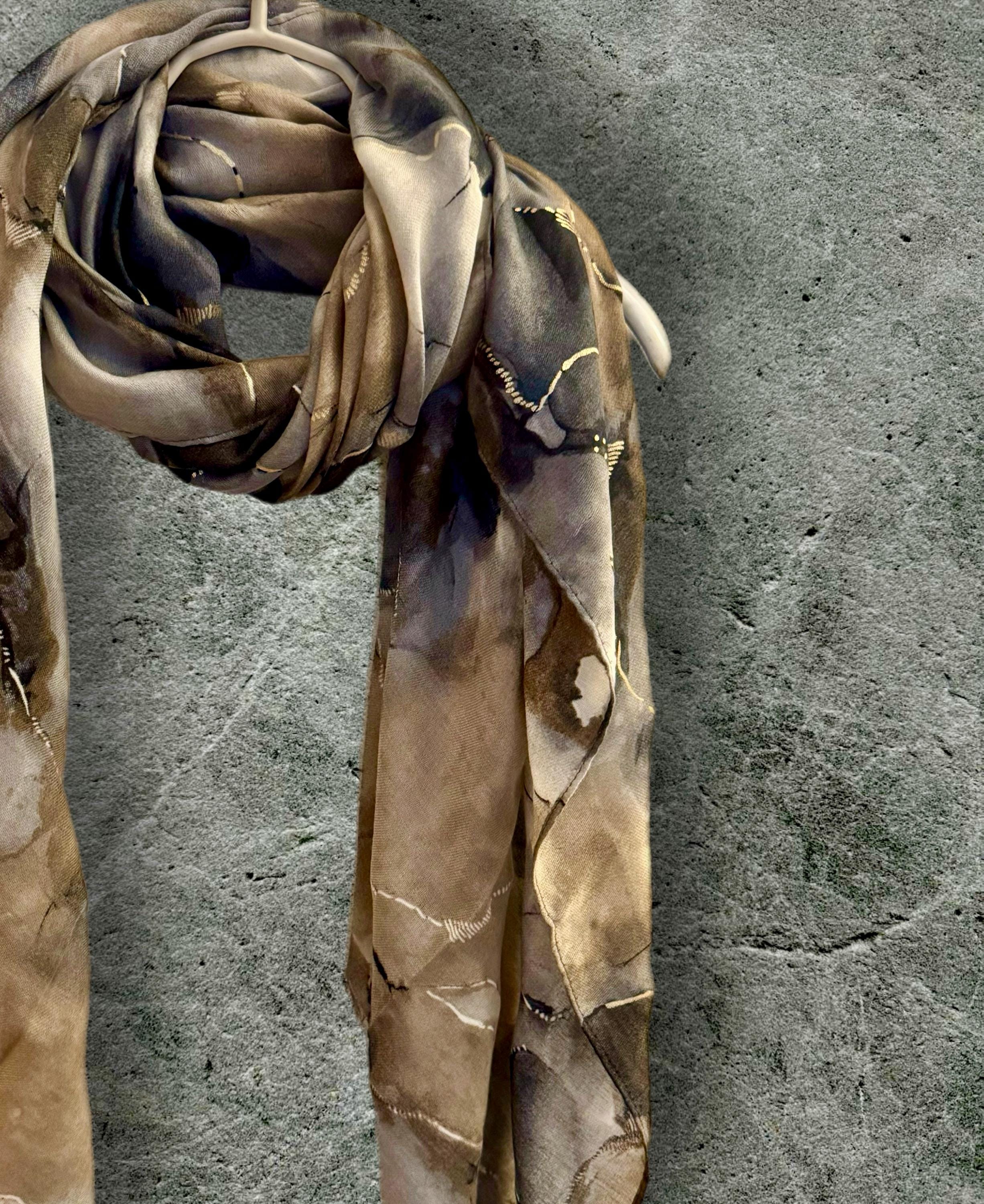 Flowing Light Brown Scarf Adorned Watercolor Pattern with Gold Accents,for All Season,A Thoughtful Gifts for Birthday,Mom,Wife or Christmas