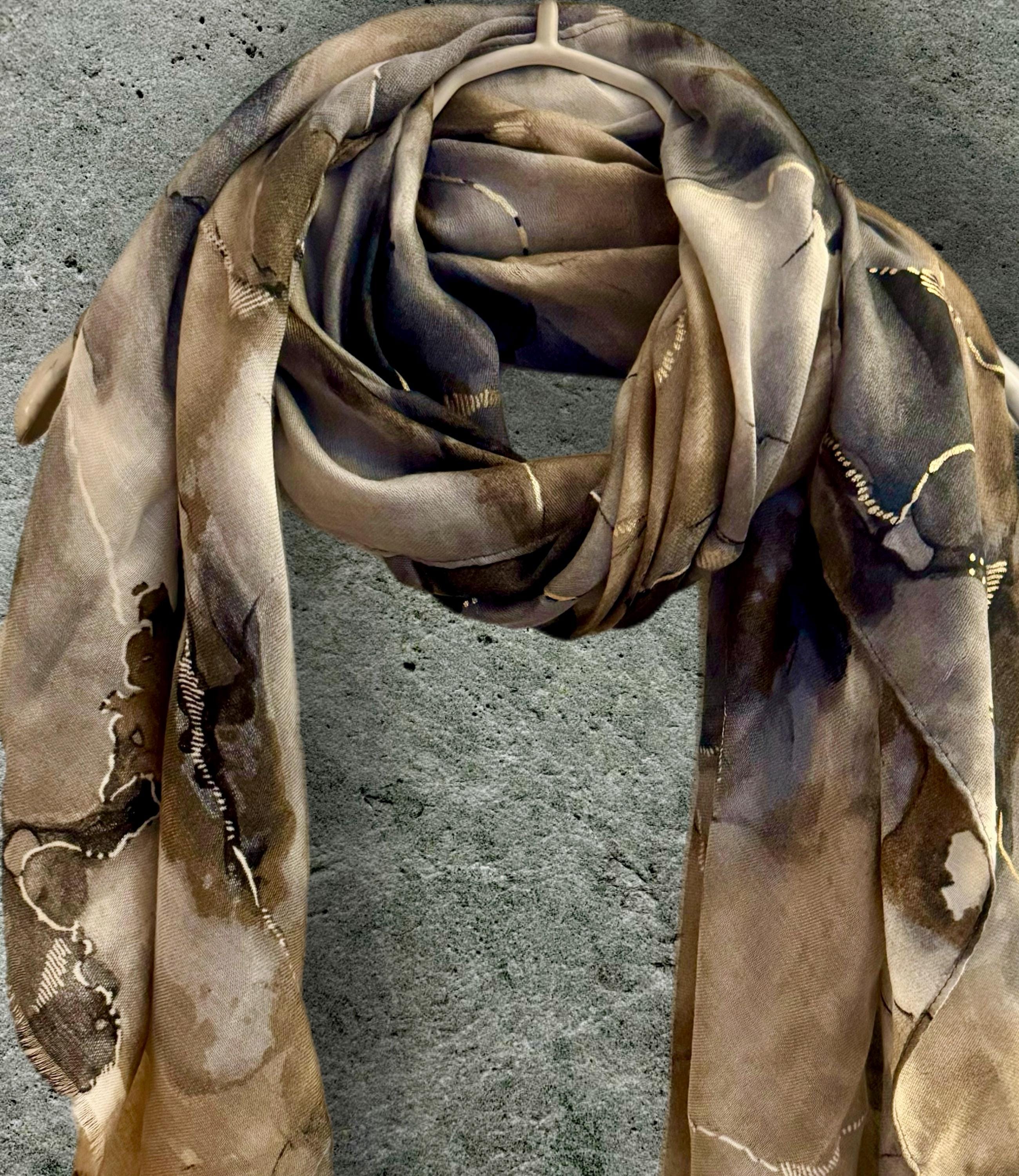 Flowing Light Brown Scarf Adorned Watercolor Pattern with Gold Accents,for All Season,A Thoughtful Gifts for Birthday,Mom,Wife or Christmas