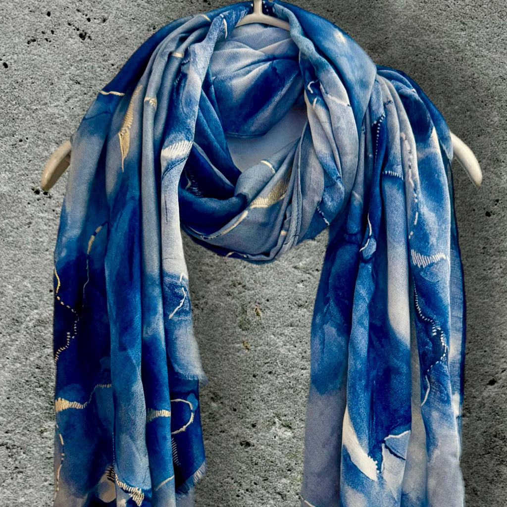 Elegant Blue Scarf Adorned Watercolor Pattern with Gold Accents,Suitable for All Season,Great Gifts for Her Birthday,Mom,Wife or Christmas