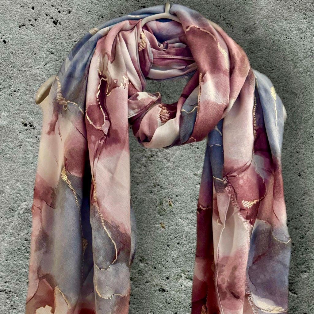 Elegant Purple Scarf Featuring Watercolor Pattern with Gold Accents