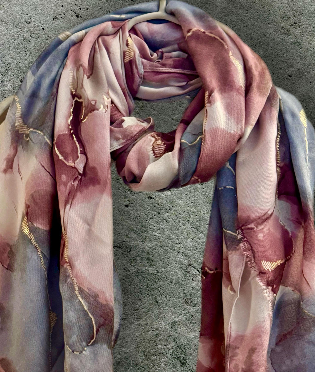 Elegant Purple Scarf Featuring Watercolor Pattern with Gold Accents