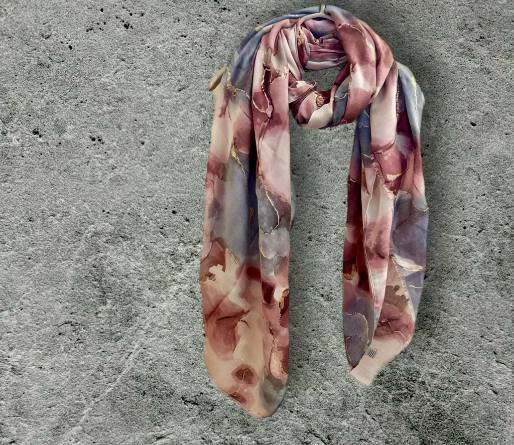 Elegant Purple Scarf Featuring Watercolor Pattern with Gold Accents