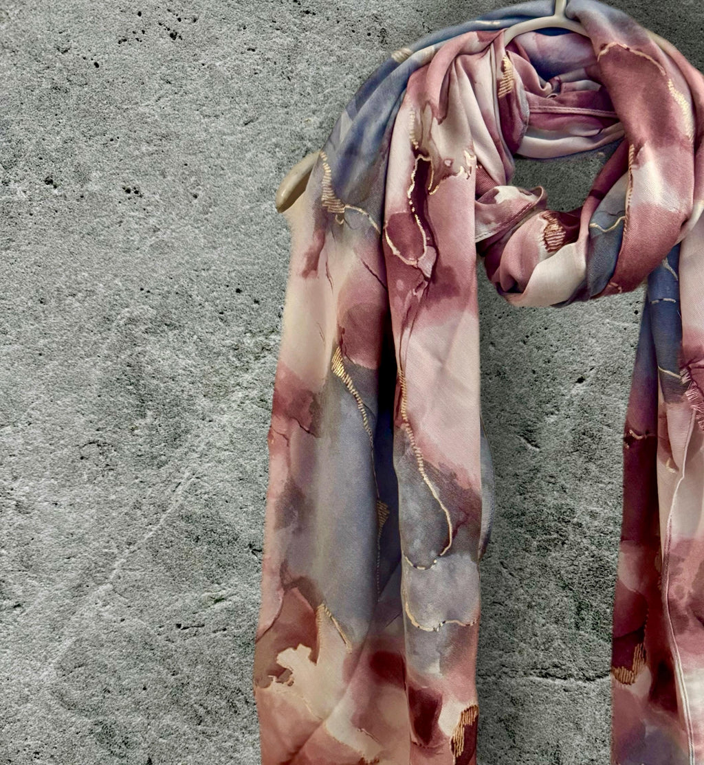 Elegant Purple Scarf Featuring Watercolor Pattern with Gold Accents