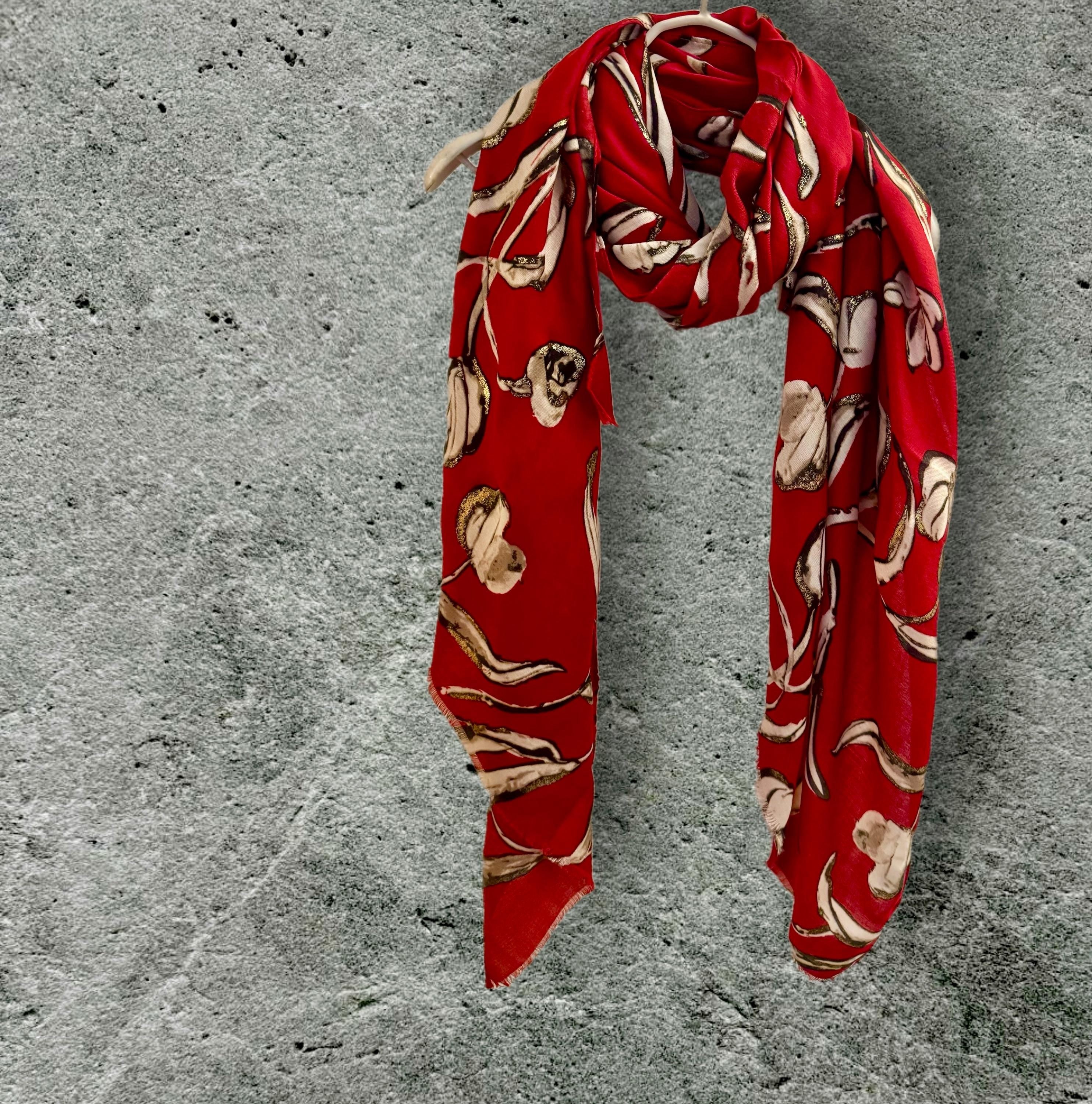 Red Scarf with Delicate Sketch Tulip Flowers and Gold Accents,Perfect for All Seasons,A Thoughtful Gift for Her,Birthday,Mom or Christmas