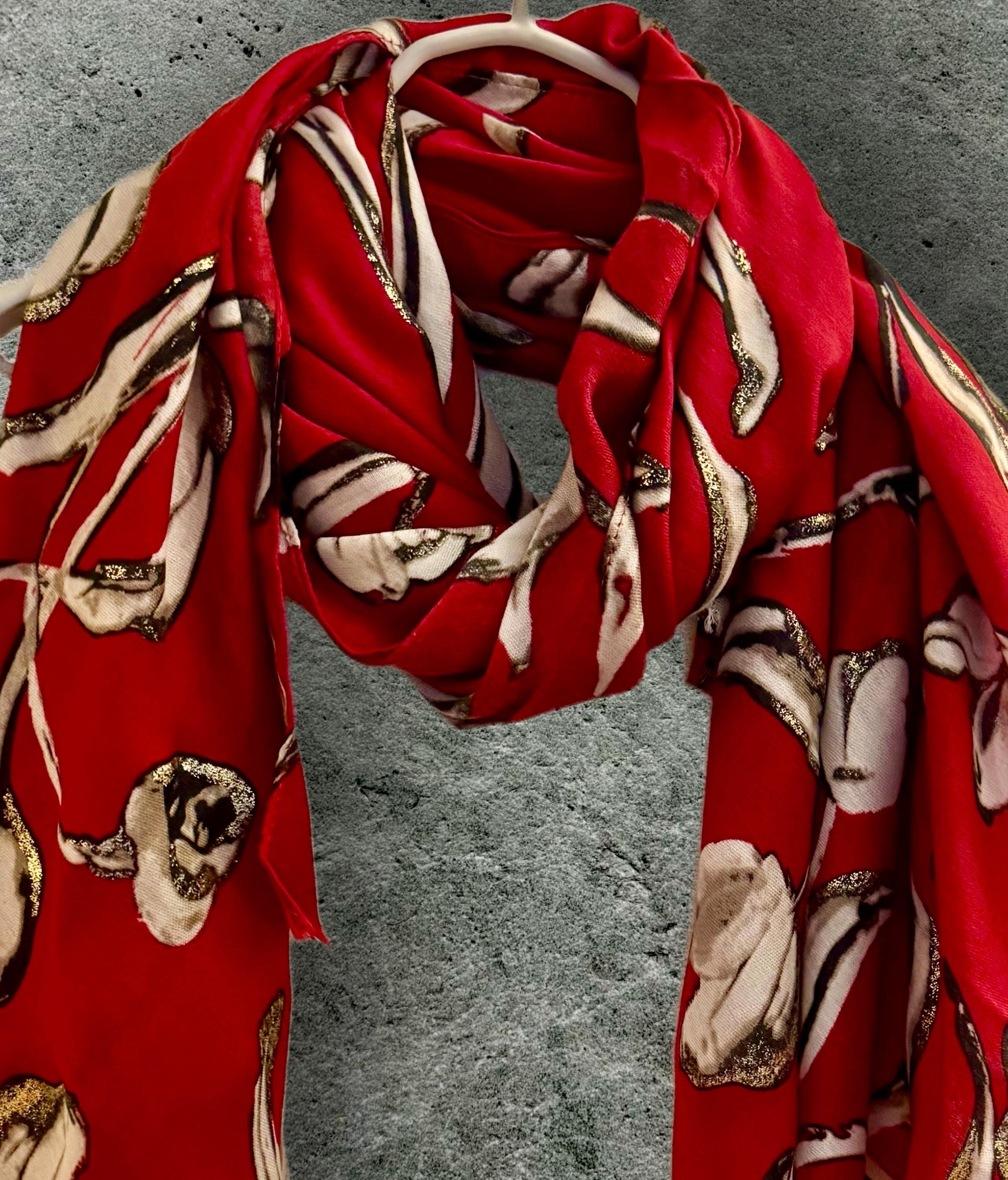 Red Scarf with Delicate Sketch Tulip Flowers and Gold Accents,Perfect for All Seasons,A Thoughtful Gift for Her,Birthday,Mom or Christmas