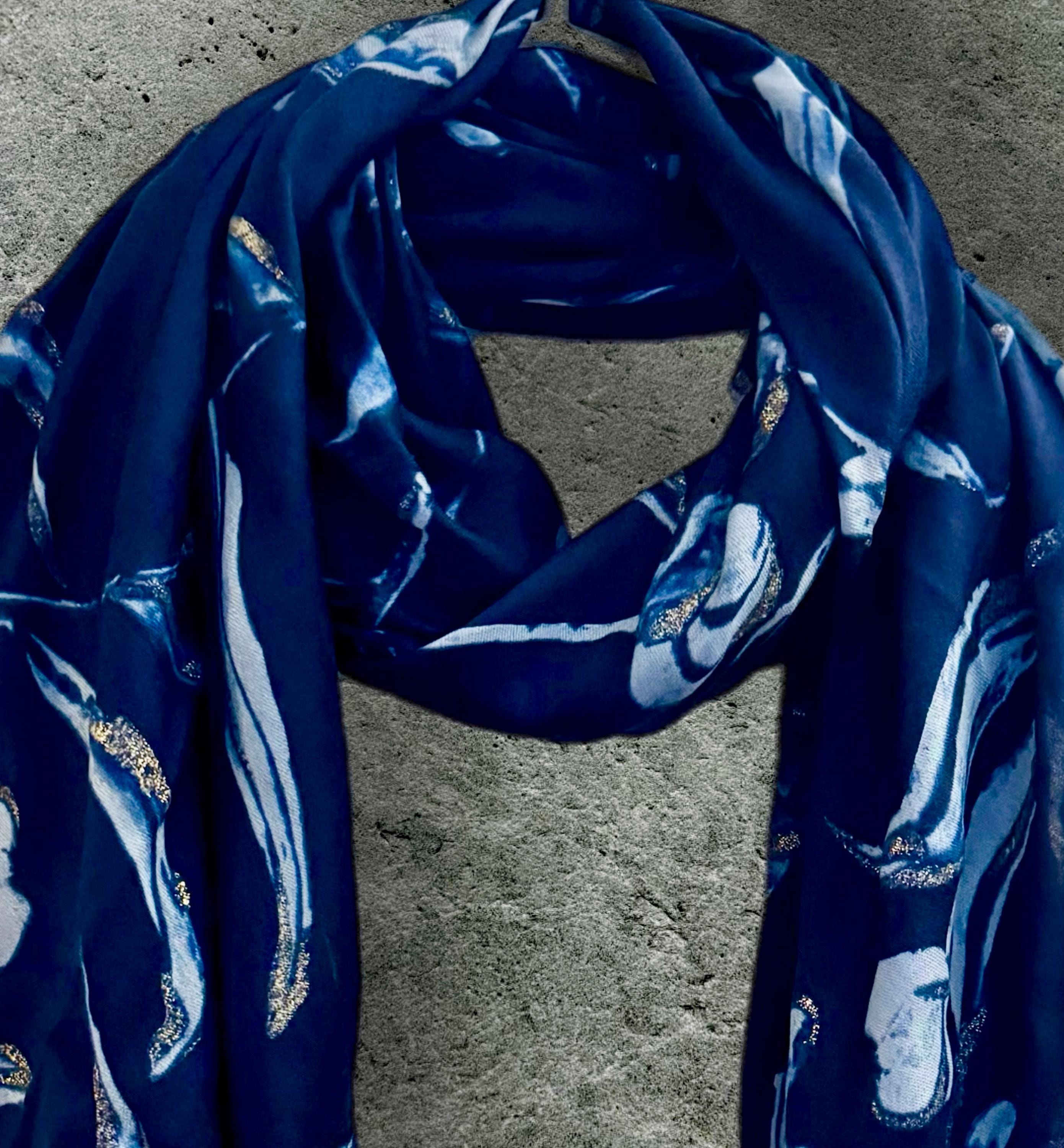 Blue Scarf Featuring Sketch Tulips Pattern with Gold Flakes,Ideal for All Season and A Thoughtful Gifts for Her Birthday,Mom or Christmas