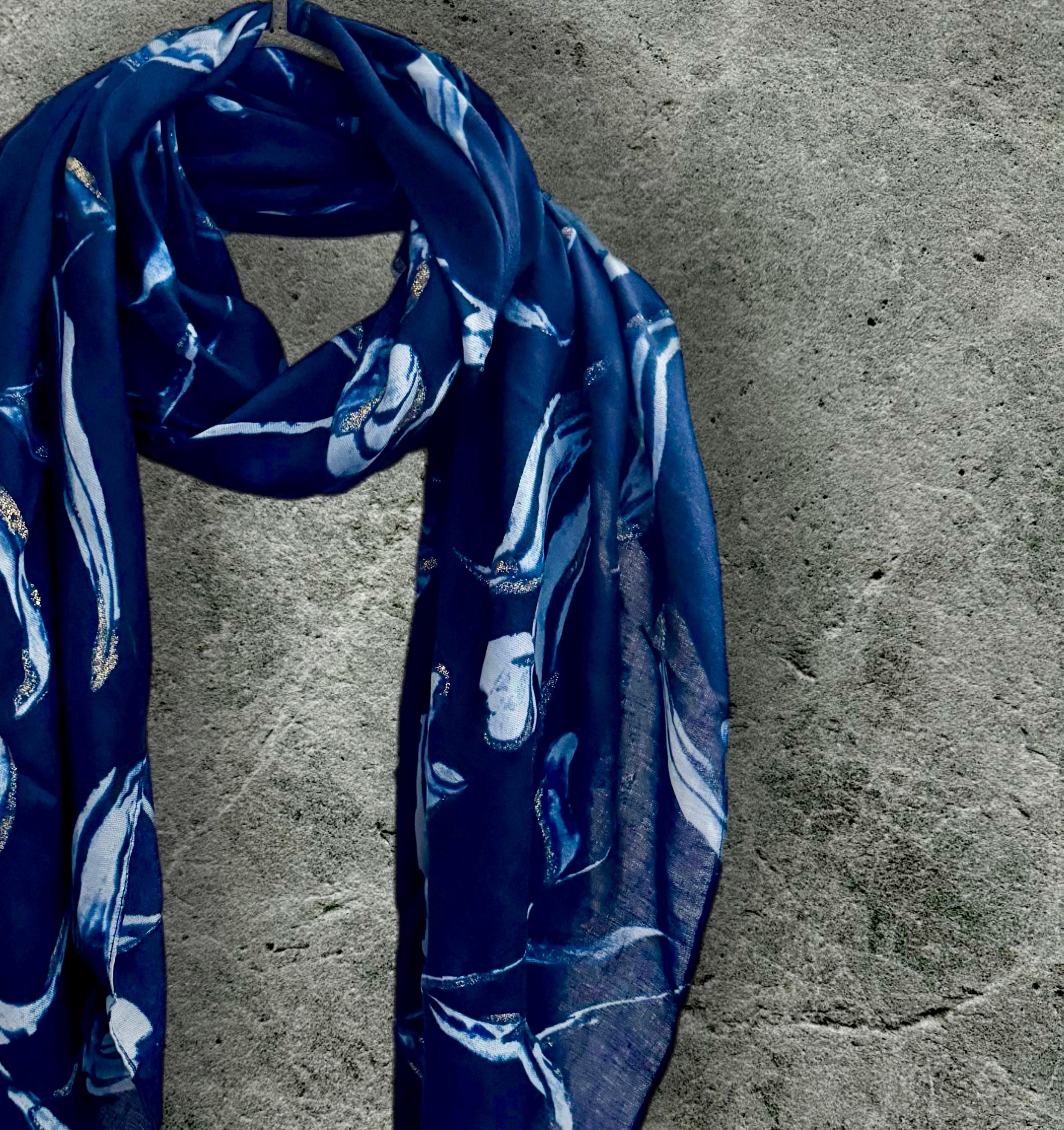 Blue Scarf Featuring Sketch Tulips Pattern with Gold Flakes,Ideal for All Season and A Thoughtful Gifts for Her Birthday,Mom or Christmas