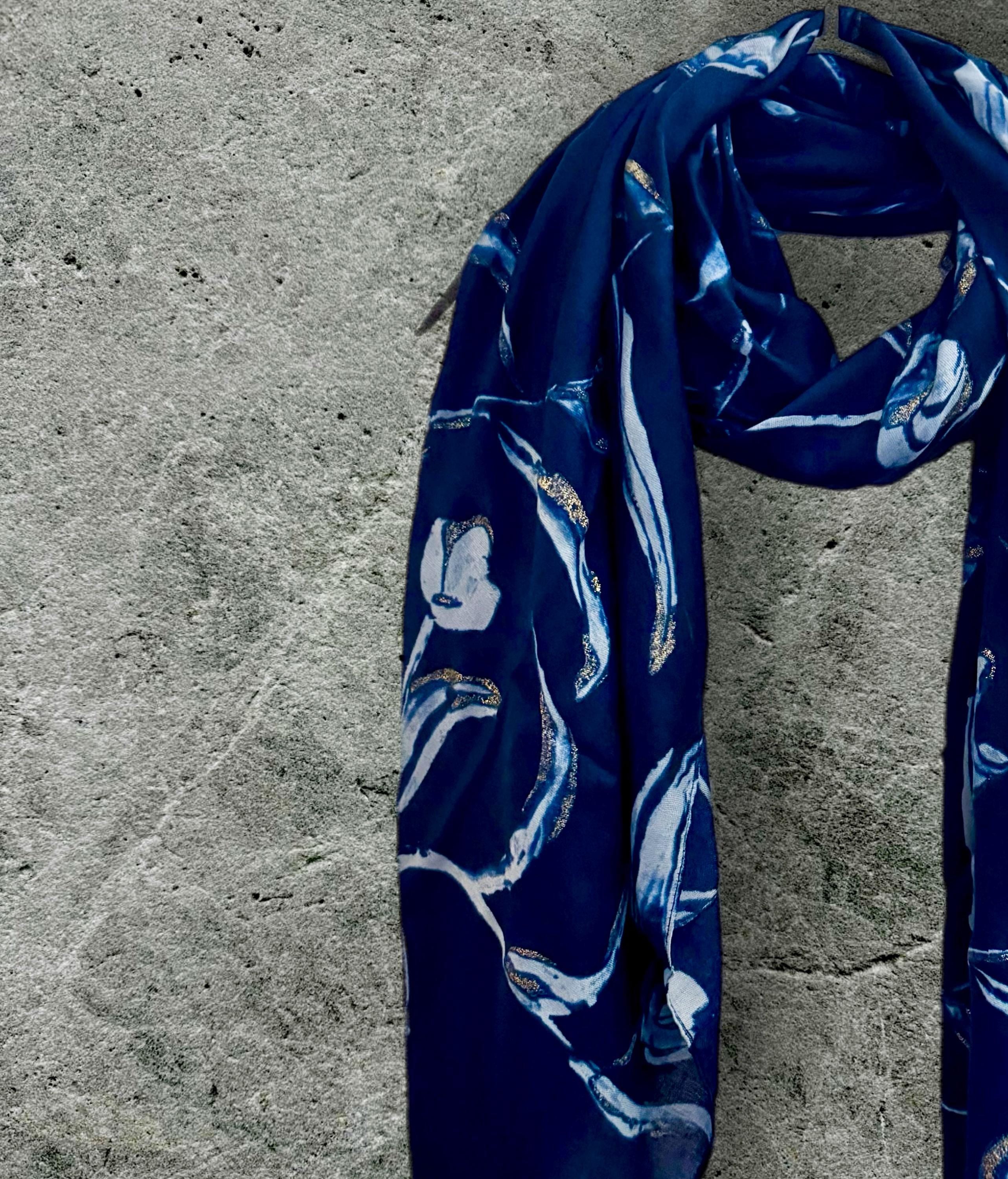 Blue Scarf Featuring Sketch Tulips Pattern with Gold Flakes,Ideal for All Season and A Thoughtful Gifts for Her Birthday,Mom or Christmas
