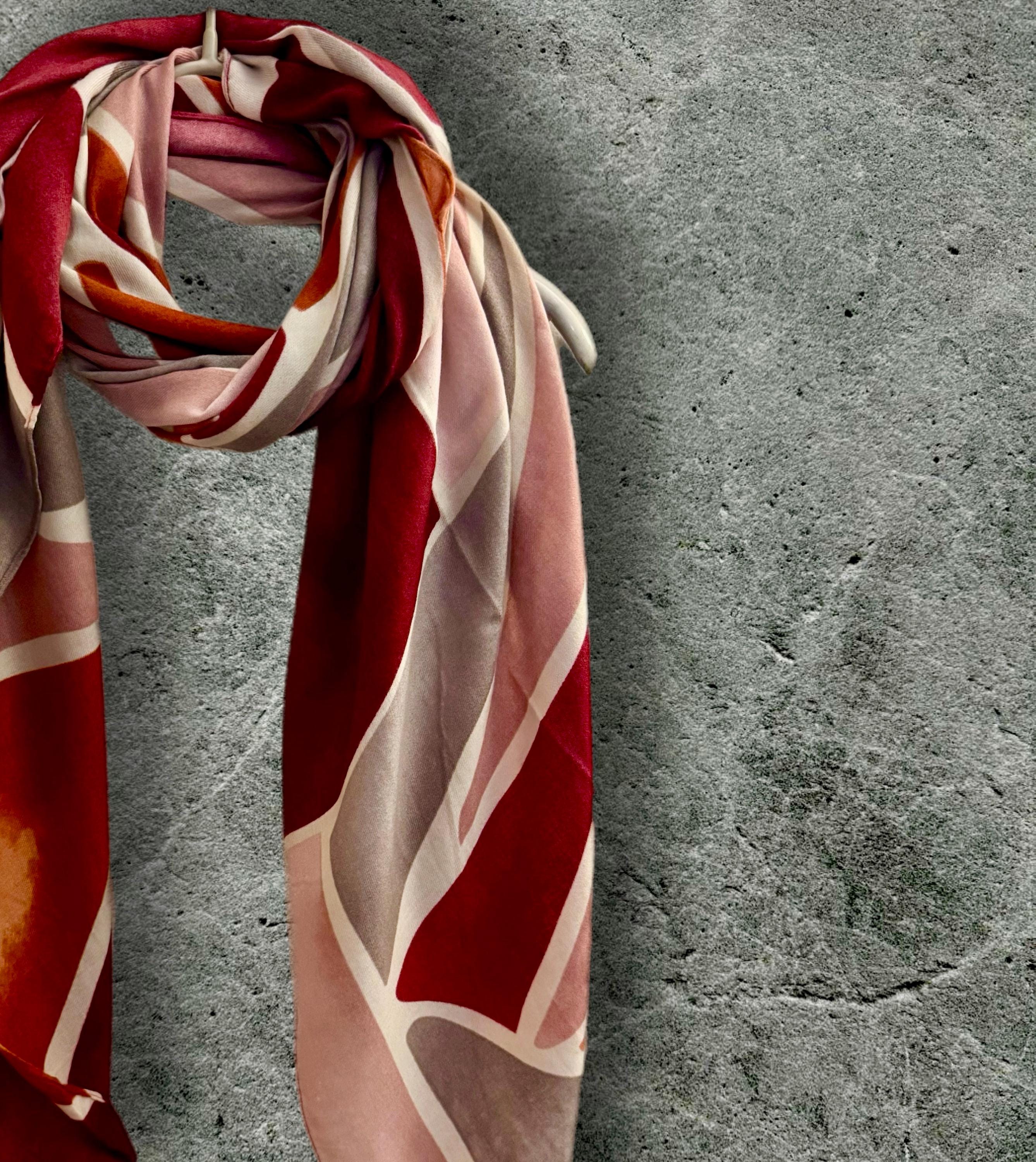 Maroon Red/Pink Scarf with Tiles-Inspired Pattern