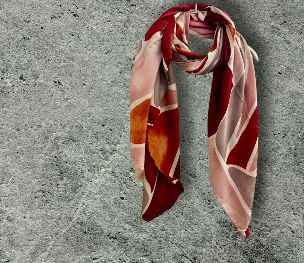 Maroon Red/Pink Scarf with Tiles-Inspired Pattern