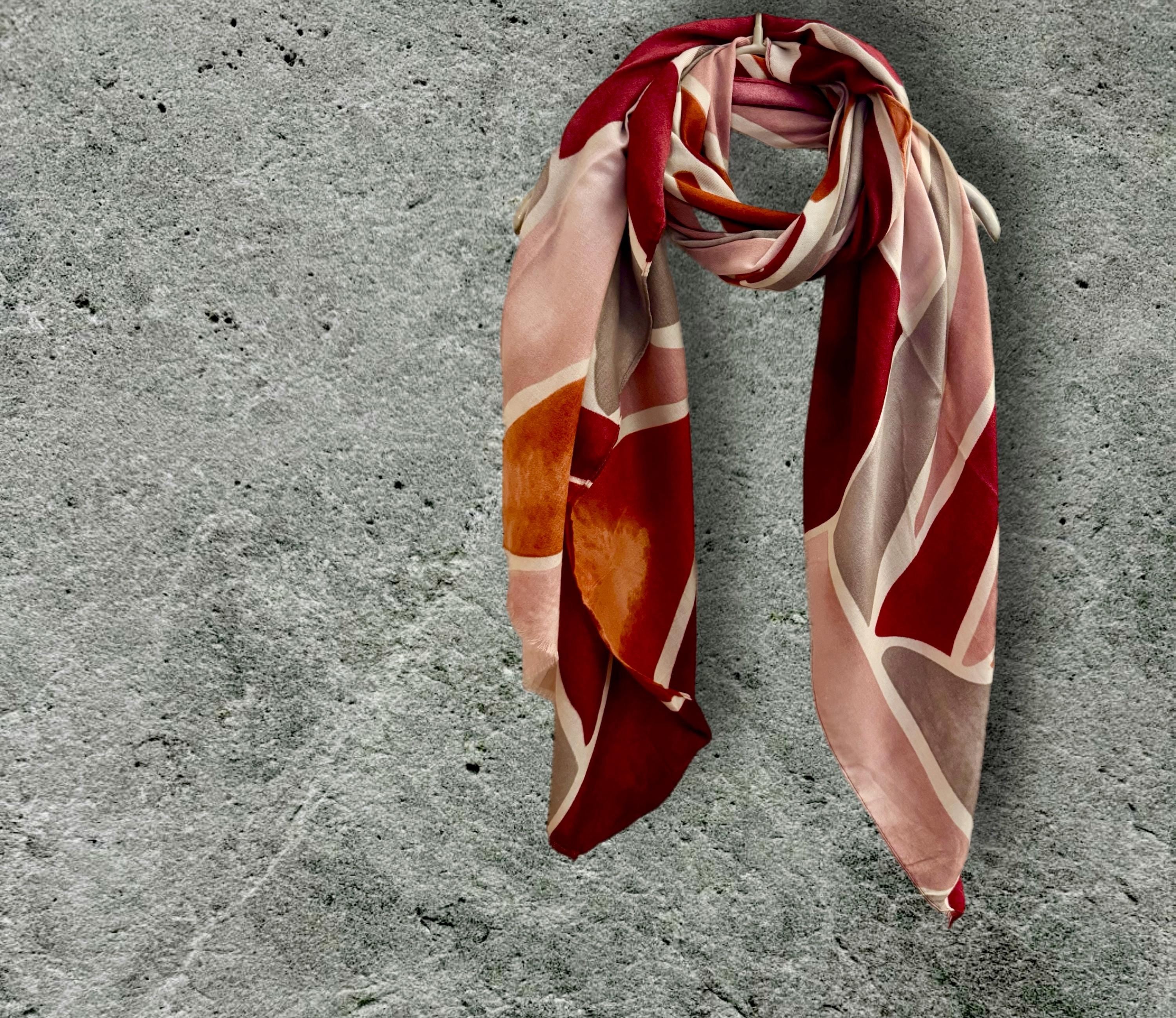 Maroon Red/Pink Scarf with Tiles-Inspired Pattern