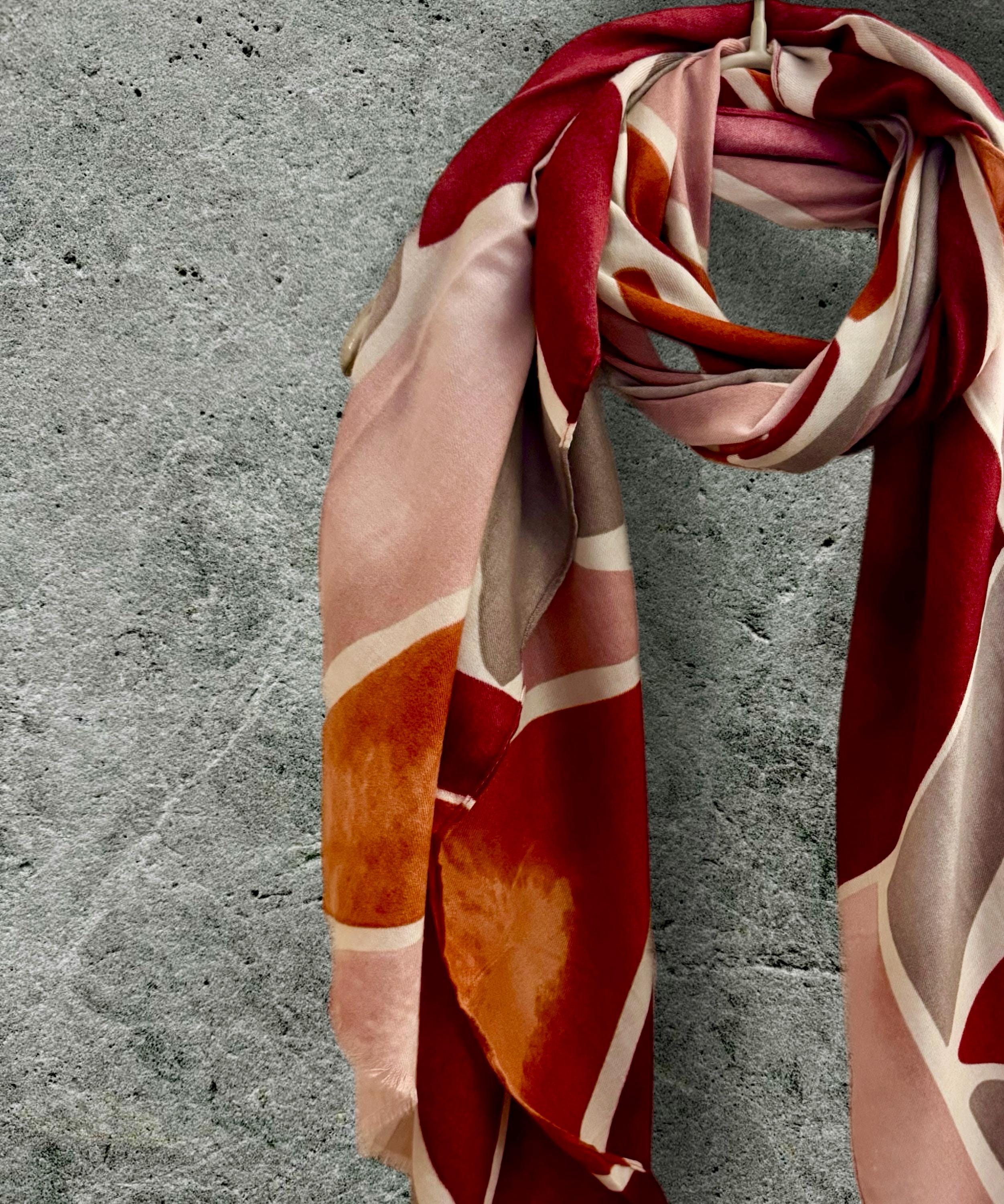 Maroon Red/Pink Scarf with Tiles-Inspired Pattern