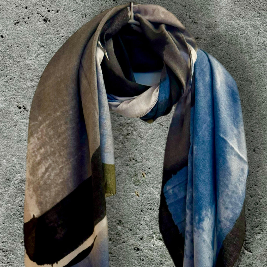 Elegant Blue-Grey Watercolor Brushstroke Scarf,Year-Round Accessory,Ideal Gift for Her,Birthday,Mother or Christmas