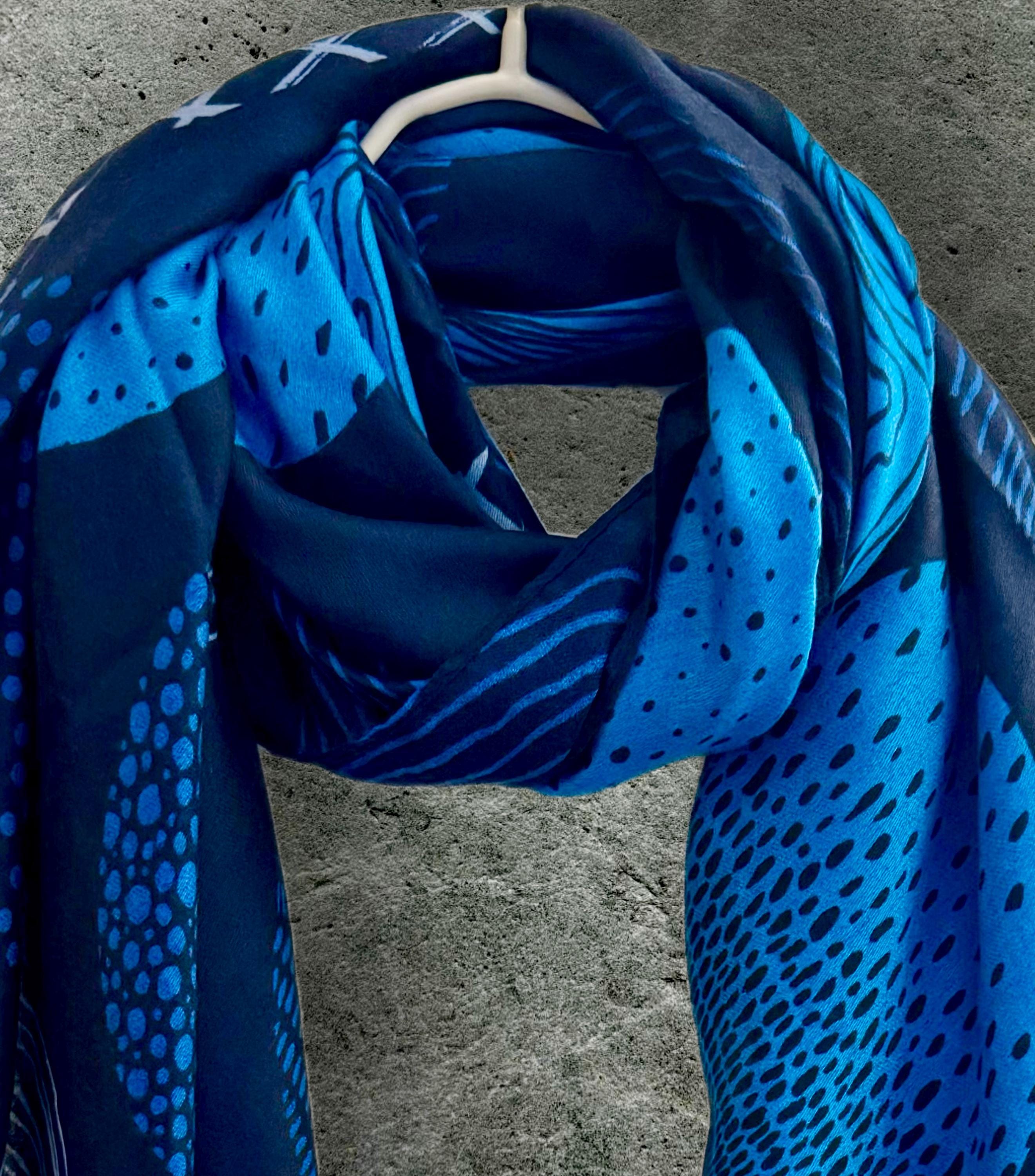 Blue Scarf Featuring Abstract Circular Designs in Various Shade of Blue