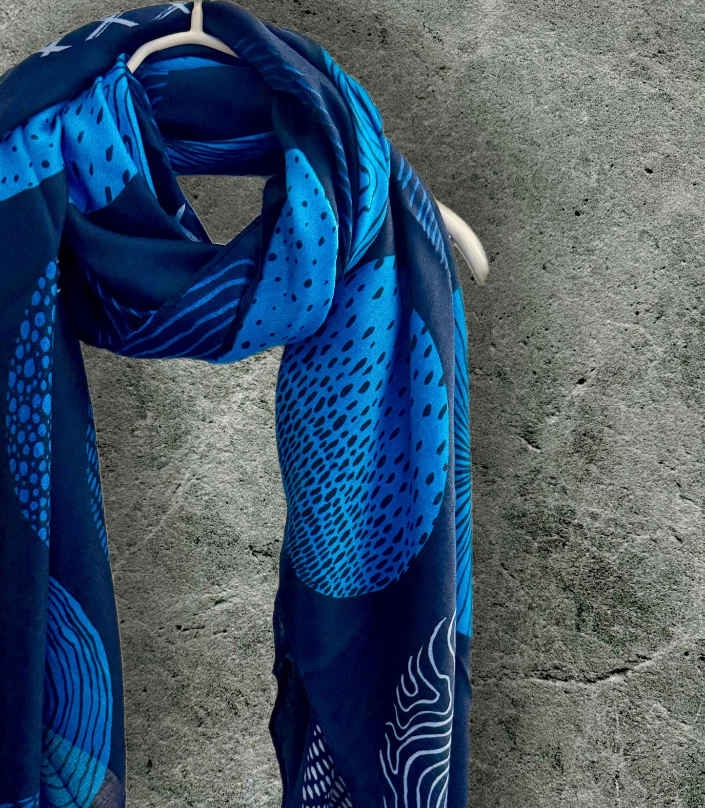 Blue Scarf Featuring Abstract Circular Designs in Various Shade of Blue