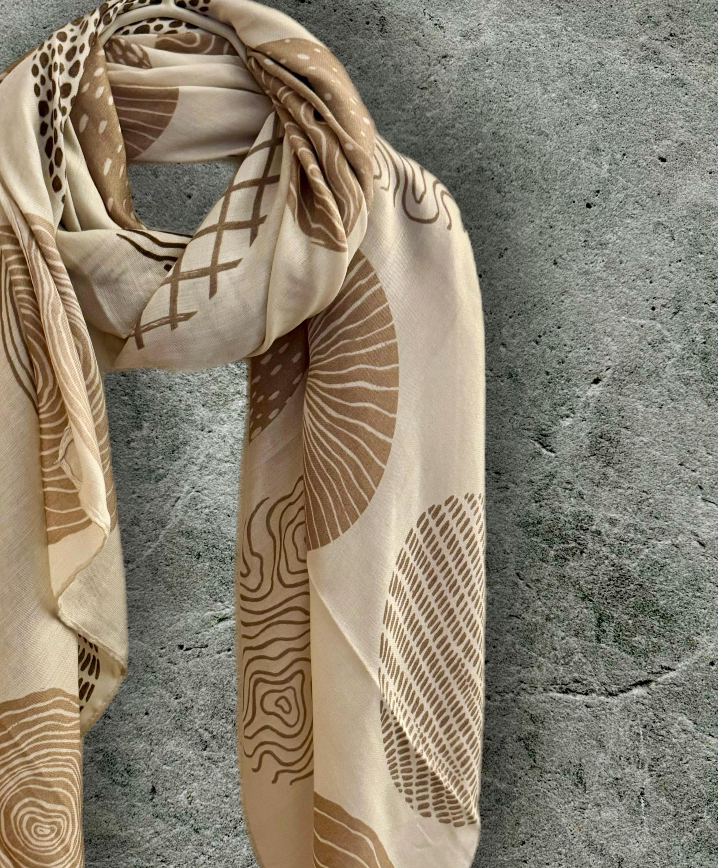 Cotton Scarf for Women in Beige Featuring Abstract Circular Pattern
