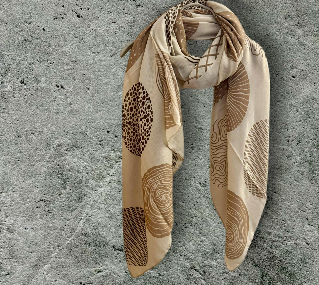 Cotton Scarf for Women in Beige Featuring Abstract Circular Pattern