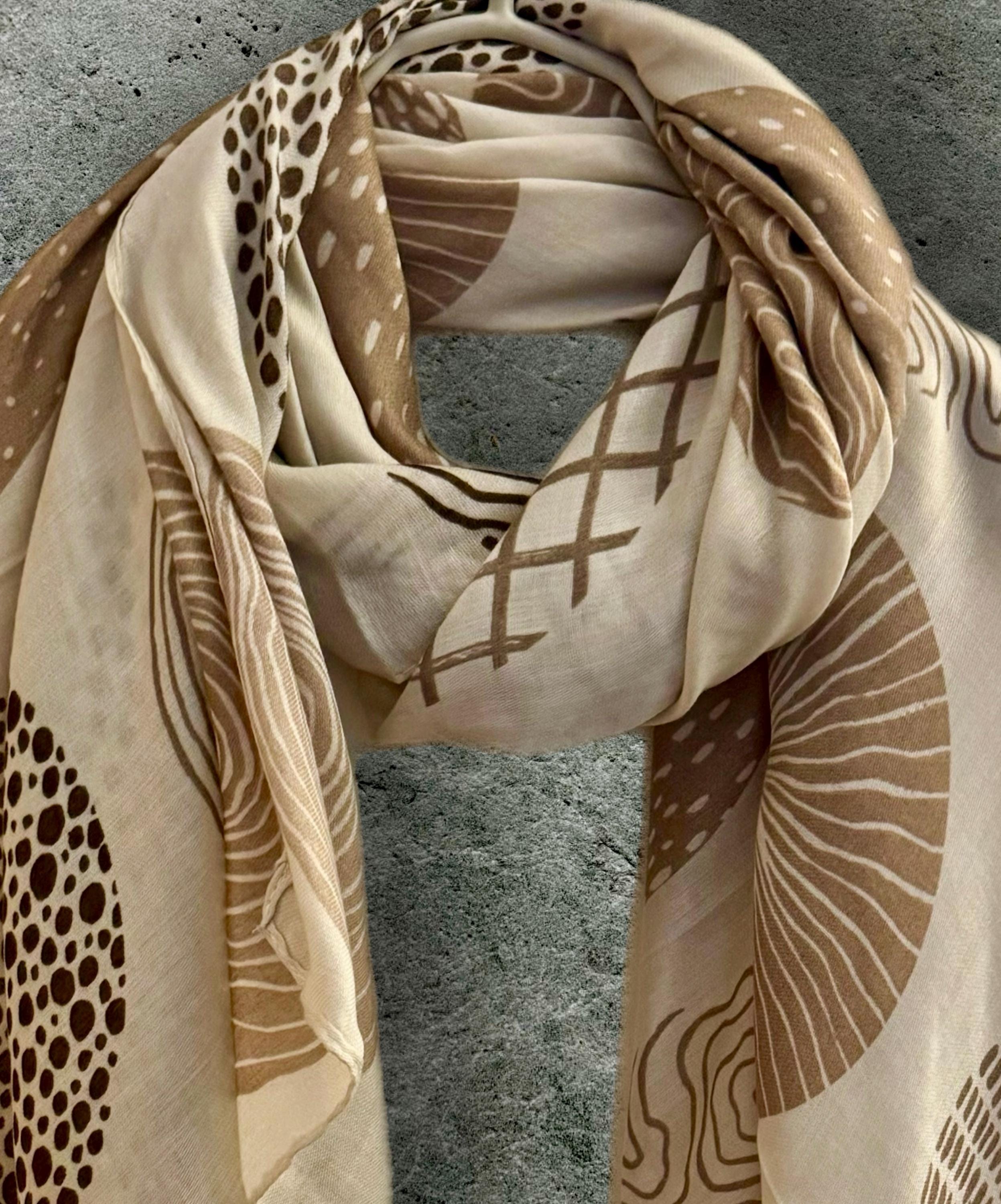 Cotton Scarf for Women in Beige Featuring Abstract Circular Pattern