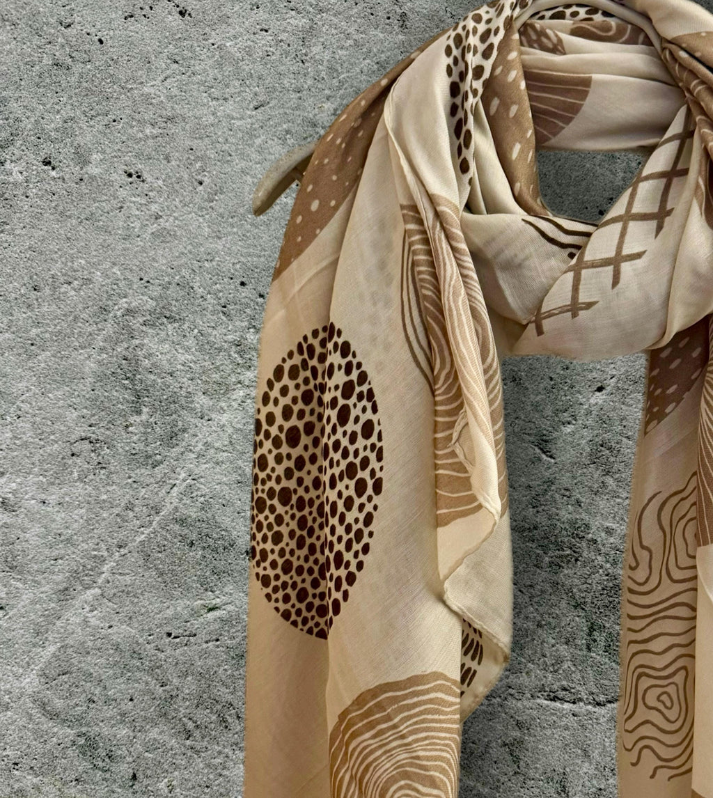 Cotton Scarf for Women in Beige Featuring Abstract Circular Pattern