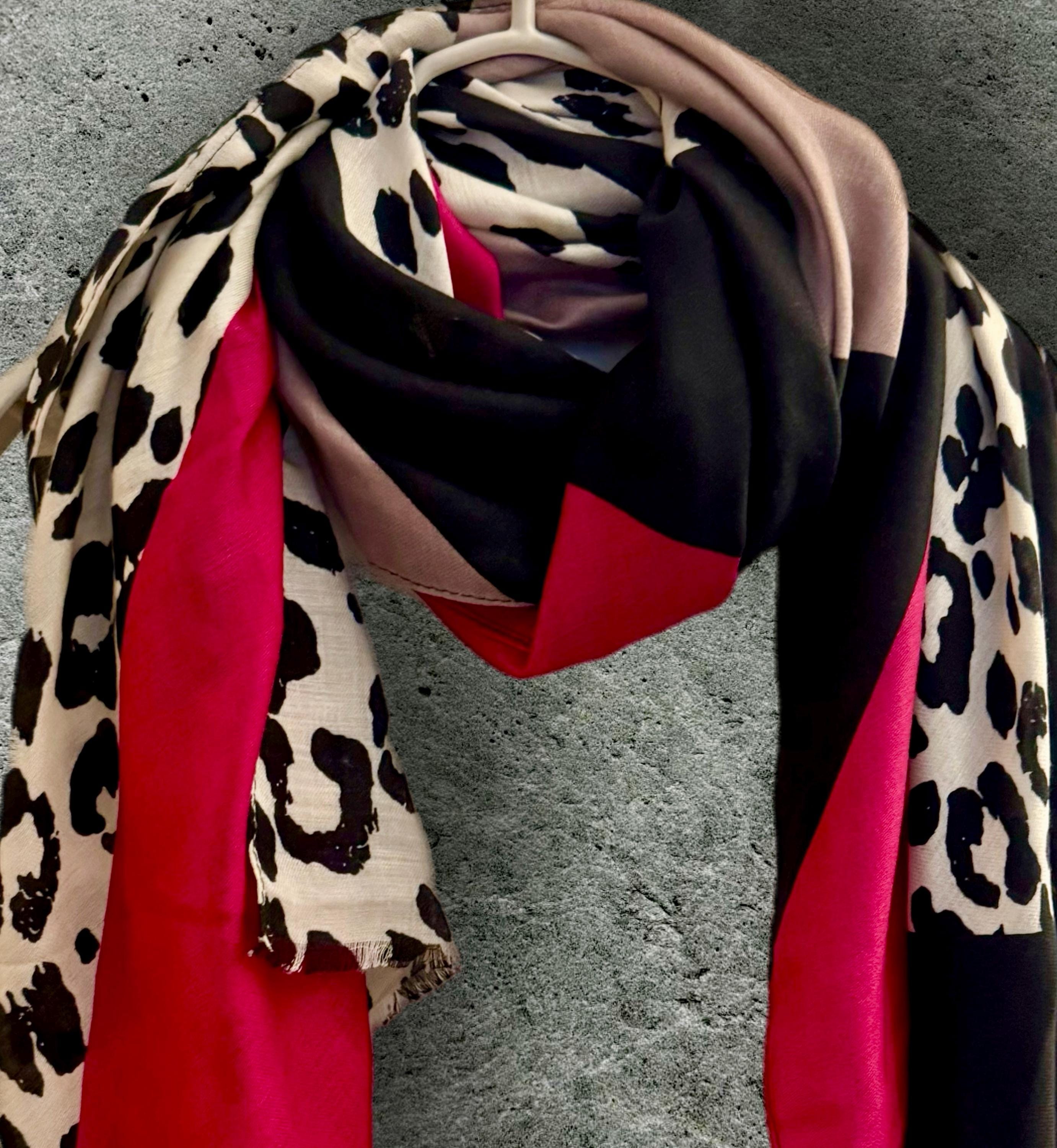Leopard Print and Color-Block Scarf in Fuchsia Pink,Black and Beige,All season Accessory,Great Gifts for Her,Birthday,Mom or Christmas
