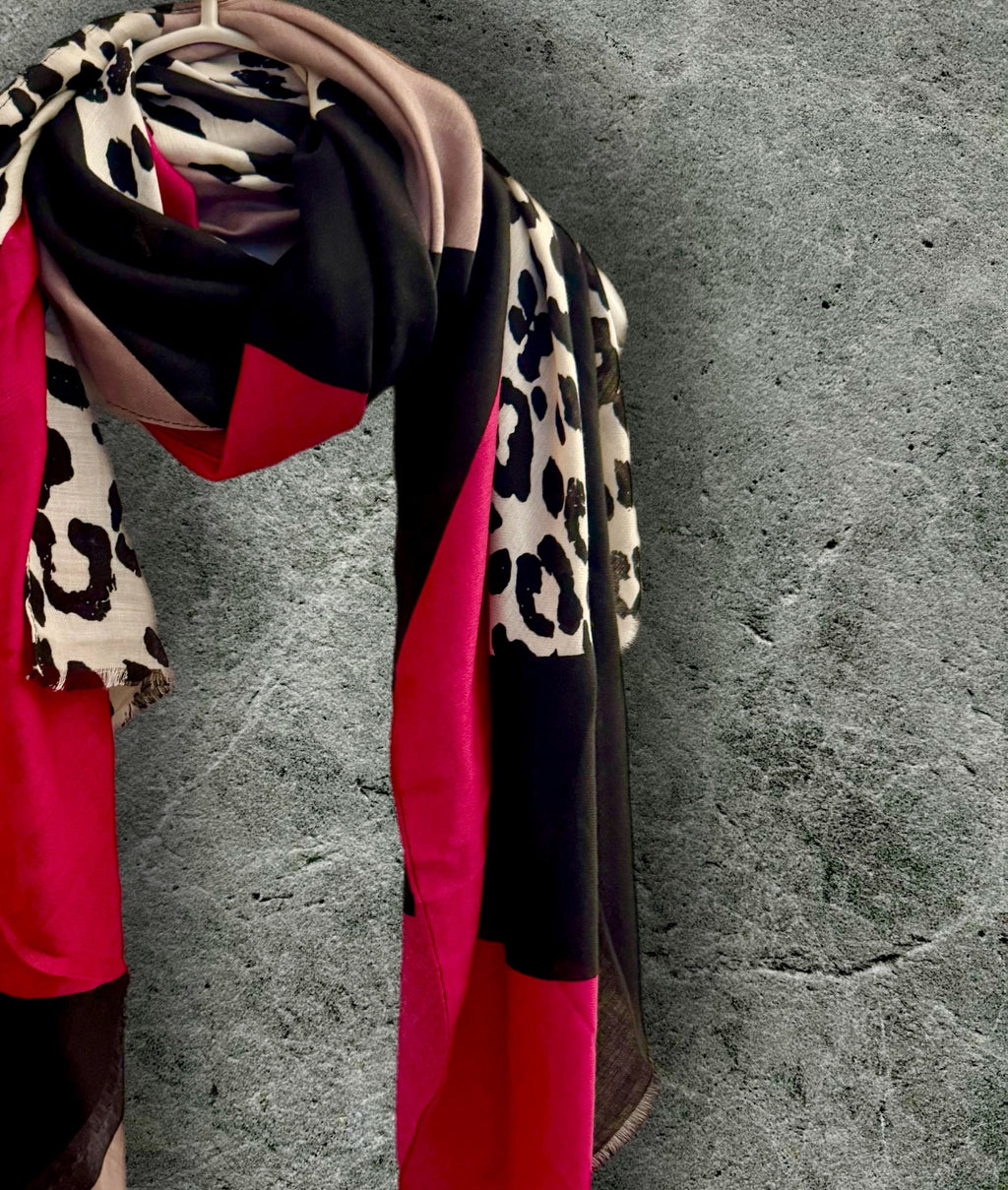 Leopard Print and Color-Block Scarf in Fuchsia Pink,Black and Beige,All season Accessory,Great Gifts for Her,Birthday,Mom or Christmas