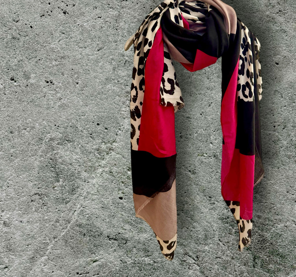 Leopard Print and Color-Block Scarf in Fuchsia Pink,Black and Beige,All season Accessory,Great Gifts for Her,Birthday,Mom or Christmas