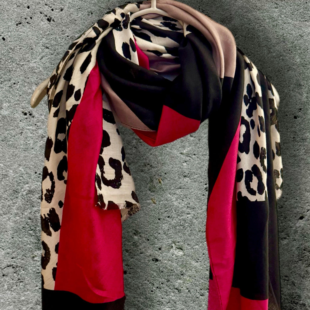 Leopard Print and Color-Block Scarf in Fuchsia Pink,Black and Beige,All season Accessory,Great Gifts for Her,Birthday,Mom or Christmas