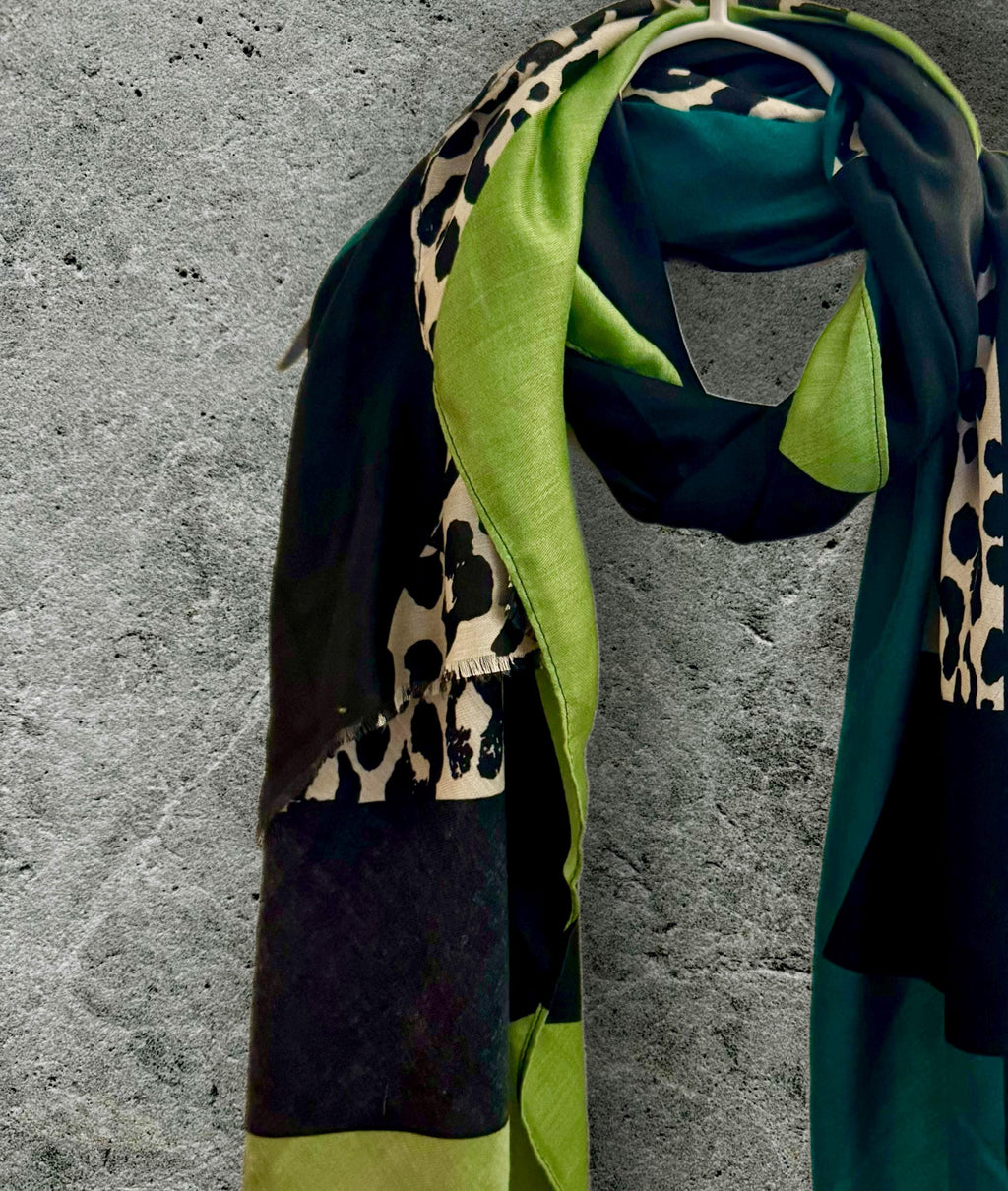 Color Block and Leopard Pattern in Green,Black and Beige Cotton Scarf,Perfect for All Season,Great Gift for Her,Mother,Birthday or Christmas
